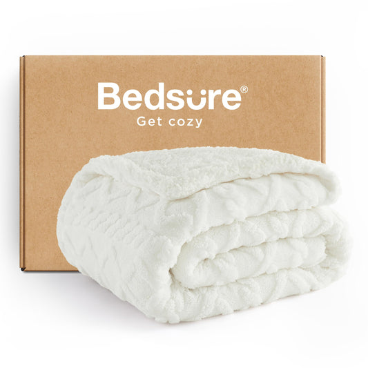 Bedsure Gentlesoft Sherpa Fleece Blanket Twin Size for Bed - Fluffy & Cozy Cable Jacquard Tufted for Women Gift, Thick and Warm Christmas Blanket for Winter, Cream, 60x80 Inches