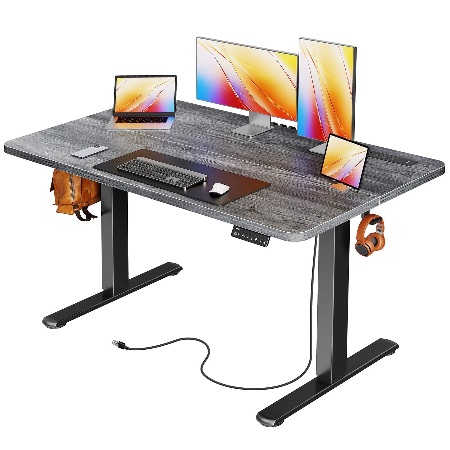 Huuger Electric Standing Desk with Power Outlets and USB-C Port, 47 X 24 Inch Height Adjustable Desk, Sit Stand Desk for Home Office, Computer & Gaming Desk with 4 Presets, Stable Steel Frame, Grey
