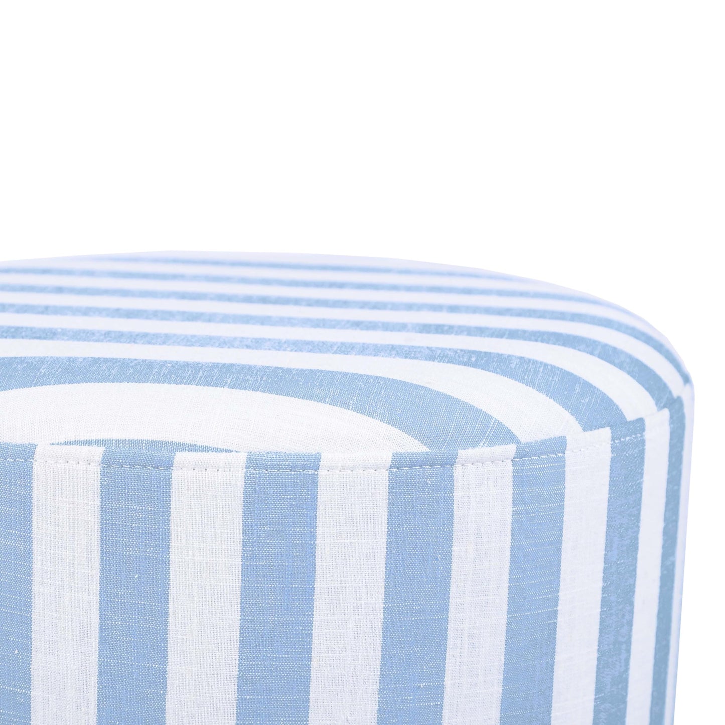 Tov Furniture Dex Pastel Blue Striped Linen Round Ottoman with Wooden Base