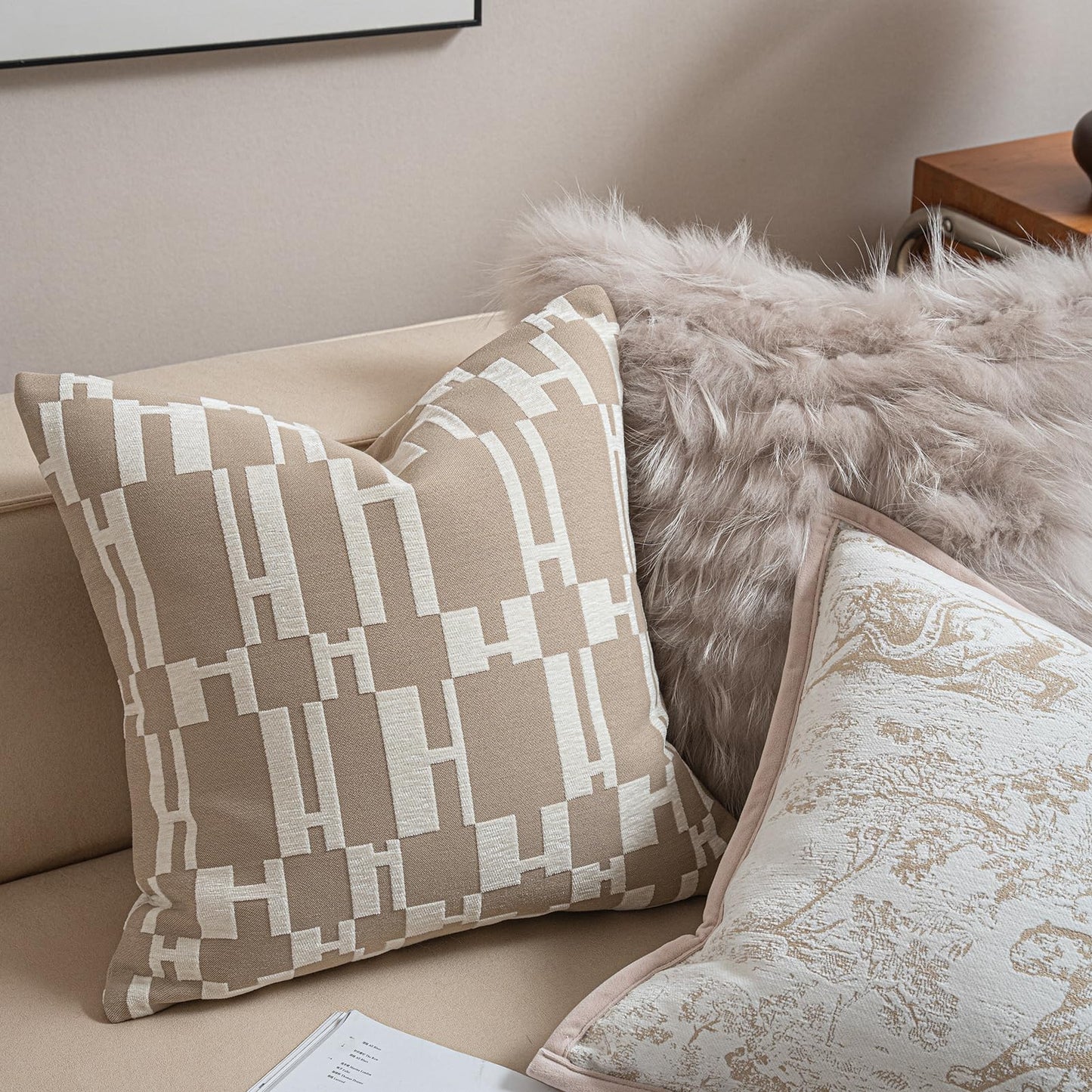 Croker Horse New 20x20'' inches Throw Pillow Cushion Covers - Beige H Letter Chenille Jacquard Embroidery Luxury Modern Style Couch Sofa Bed Pillow Cover for Living Room Bedroom
