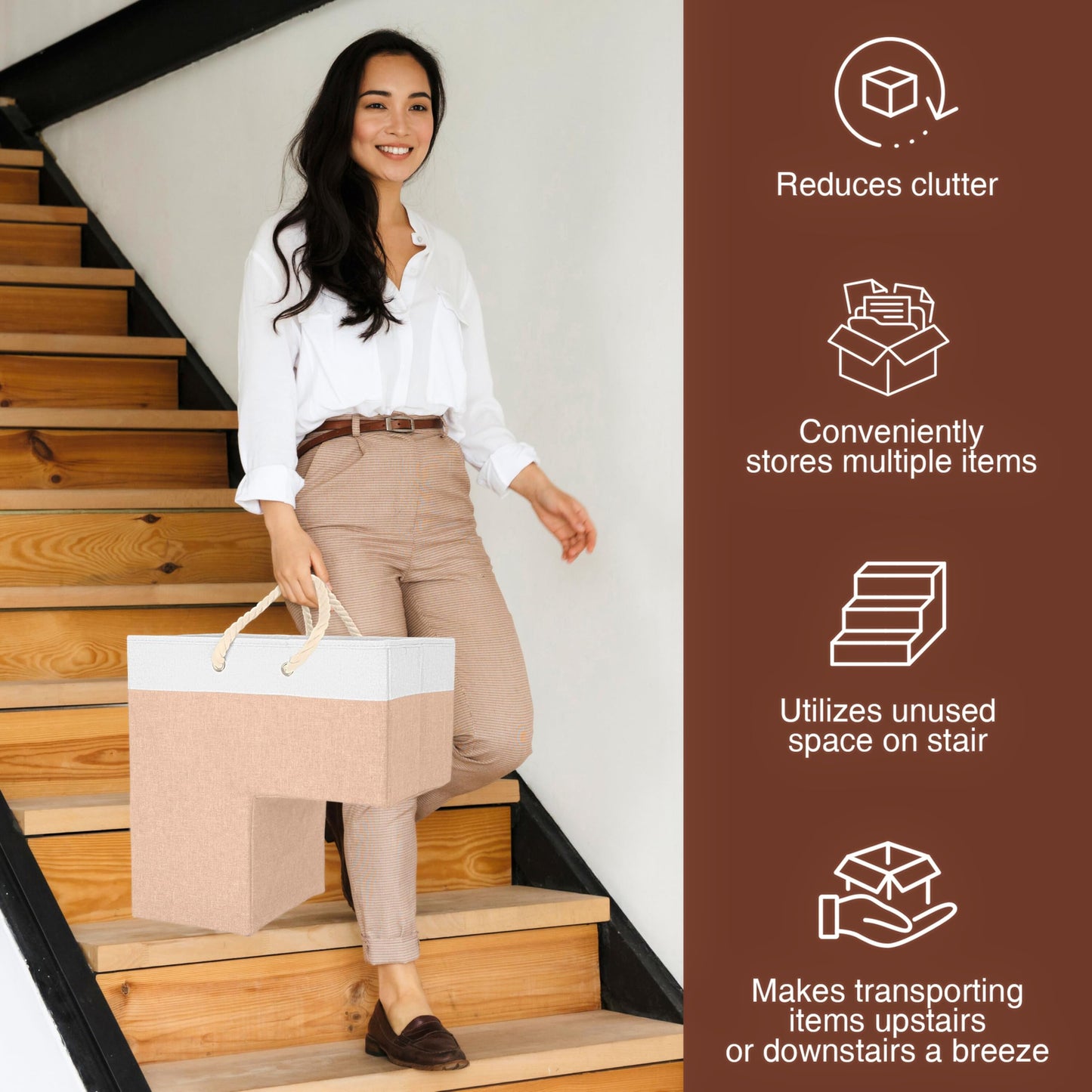 SAM AND MABEL Stair Baskets for Carpeted and Wooden Stairs – 16”L x 10”W x 16”H Foldable Staircase Basket with Handles, Stair Step Storage Organizer (Warm Beige and White)