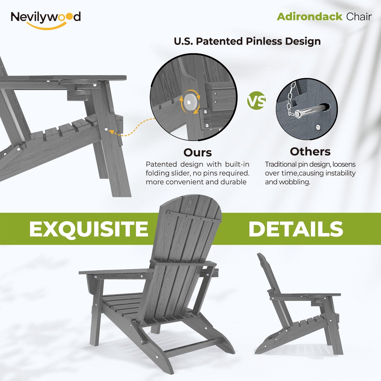 nevilywood Folding Adirondack Chair, Ergonomic, Cup Holder, 380lbs,Grey