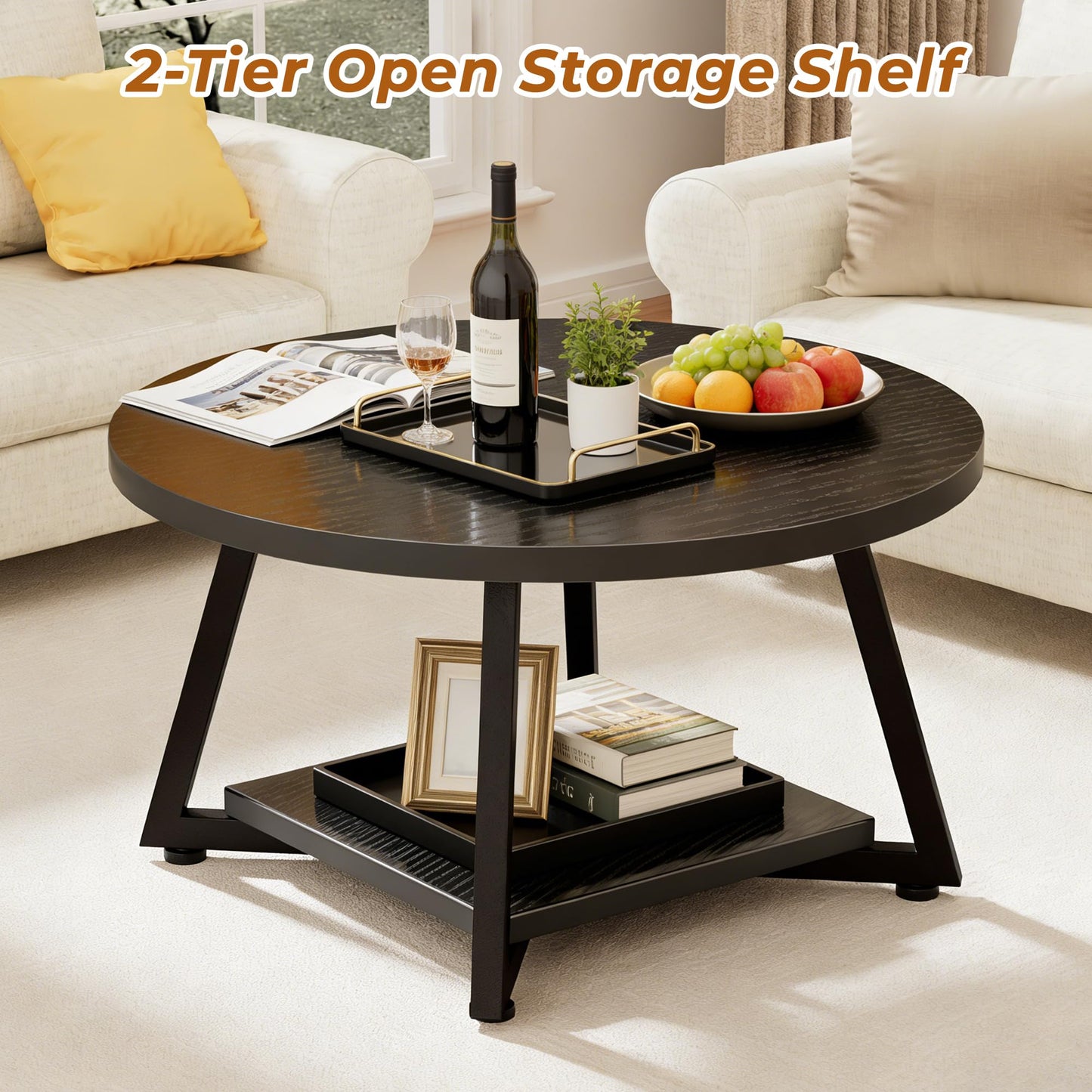 Round Coffee Table for Living Room, 27.6“ Circle Coffee Table, 2-Tier Industrial Coffee Tables with Storage, Wood Coffee Table, Modern Accent Table for Apartment, Office, Small Space, Black