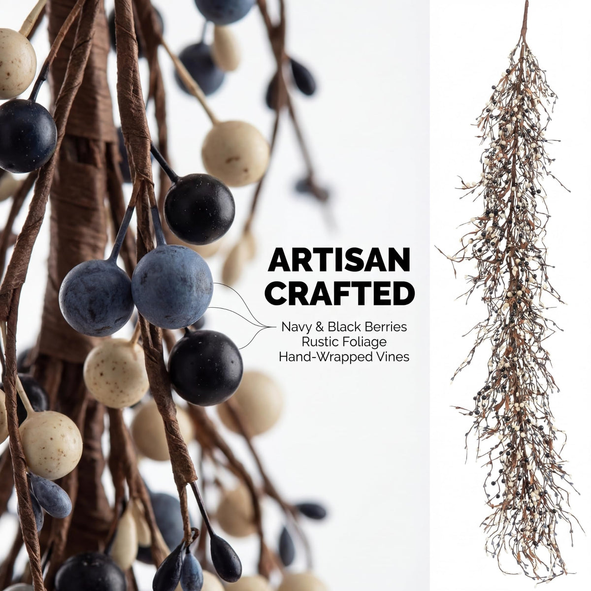 Quixem 60 Inch (5FT) Rustic Navy Blue Black & Cream Pip Berry Garland for Fireplace Mantel & Table Runner, Flexible Wired Artificial Vine, Coastal Farmhouse Decor, Precise Size