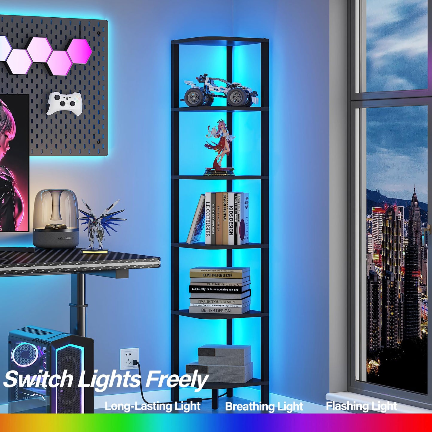 TUTOTAK Corner Shelf with LED Light, 6-Tier Corner Bookshelf for Small Space, Narrow Display Corner Shelf Stand with Storage Rack, for Living Room, Bedroom, Black BS08BK006L