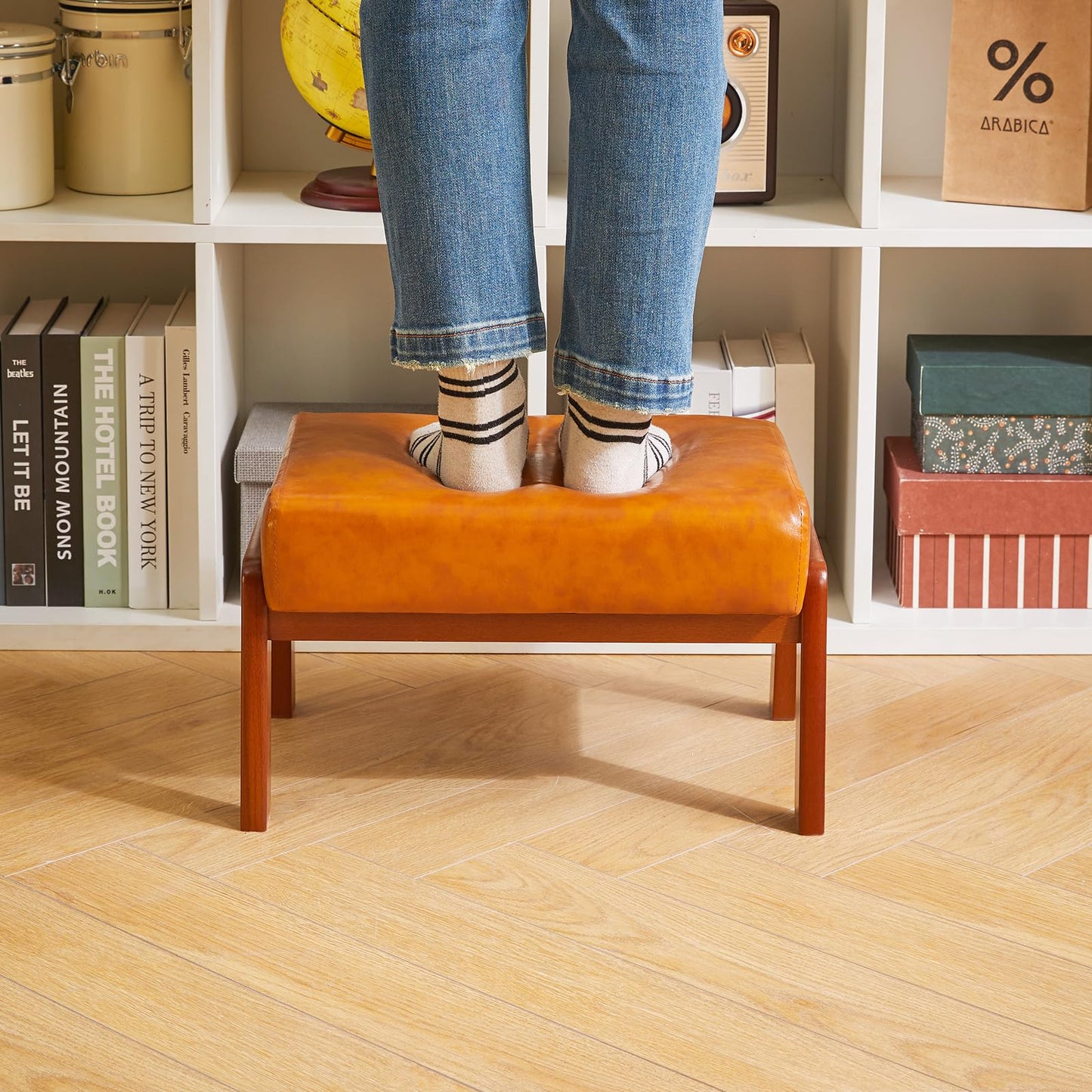 IBUYKE 10.2” H Small Foot Stool Ottoman, Rectangle PU Faux Leather Foot Rest with Padded Seat and Wood Legs, Modern Ottoman Foot Rest for Living Room Bedroom Couch Office, Yellowish-Brown WBD013J