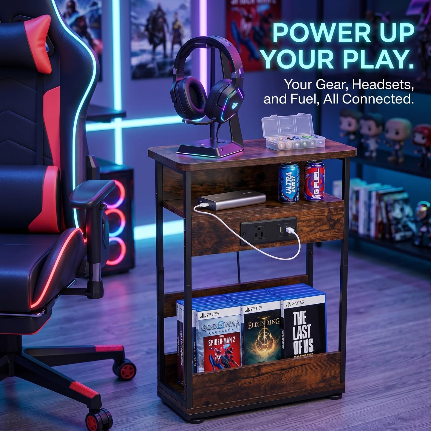 Narrow Side Table With Charging Station, 3-Tier End Table with 2 USB Ports & Power Outlets,Thin Sofa Side Table for Narrow and Small Spaces, Bedside Table Nightstand for Living Room,Rustic Brown