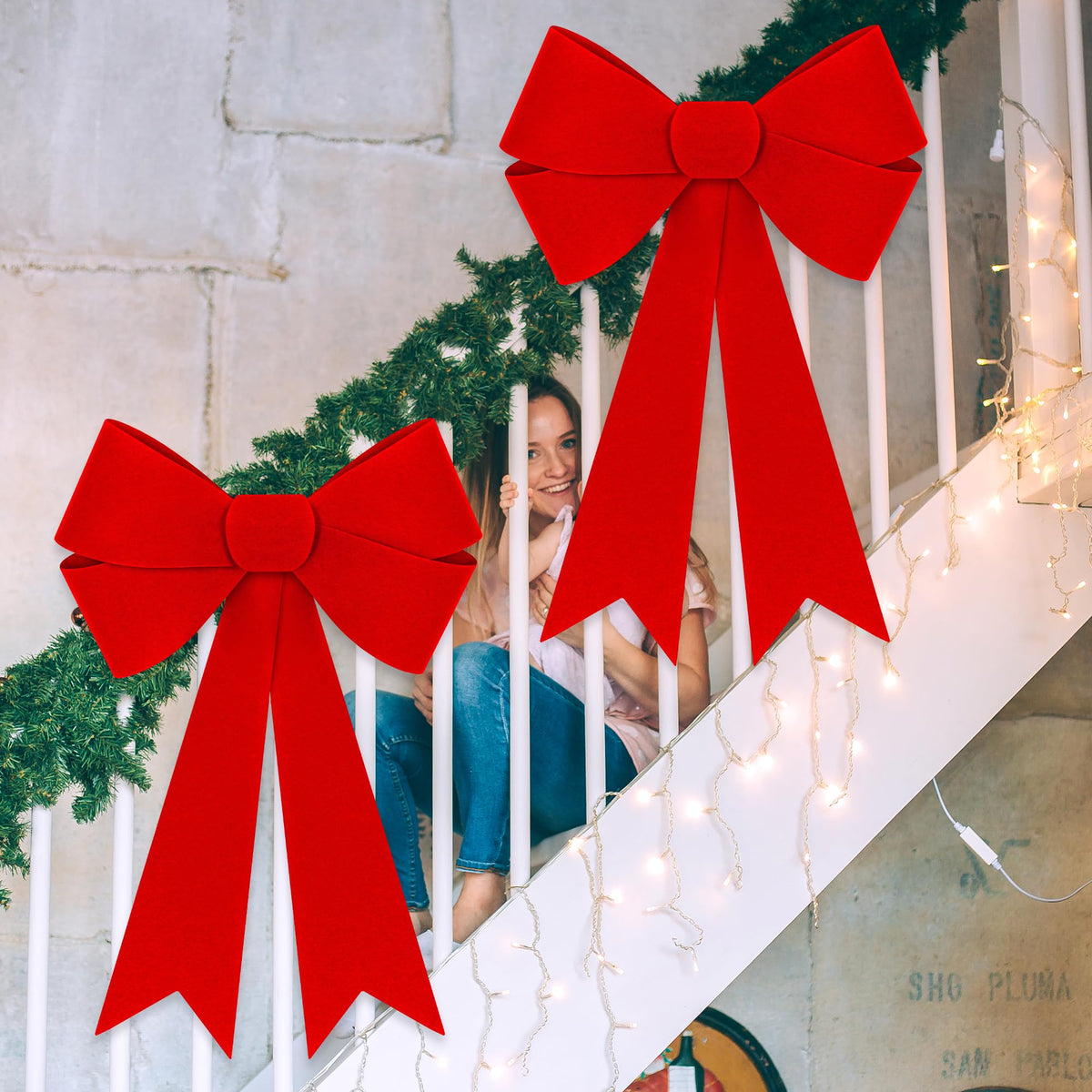 1 PCS Christmas Decorations, 16x24 In Large Christmas Bows, Red PVC Velvet Bows for Christmas Tree, Indoor Outdoor Holiday Xmas Decor Home Wreath Fence Stairs Railing Fireplace Front Door Supplies