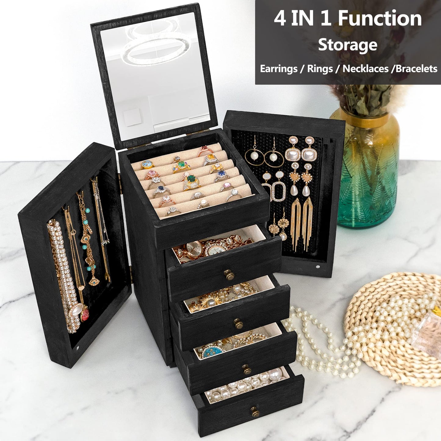 Meangood Jewelry Box Wood for Women, 5-Layer Large Organizer Box with Mirror & 4 Drawers for Rings, Earrings, Necklaces, Black