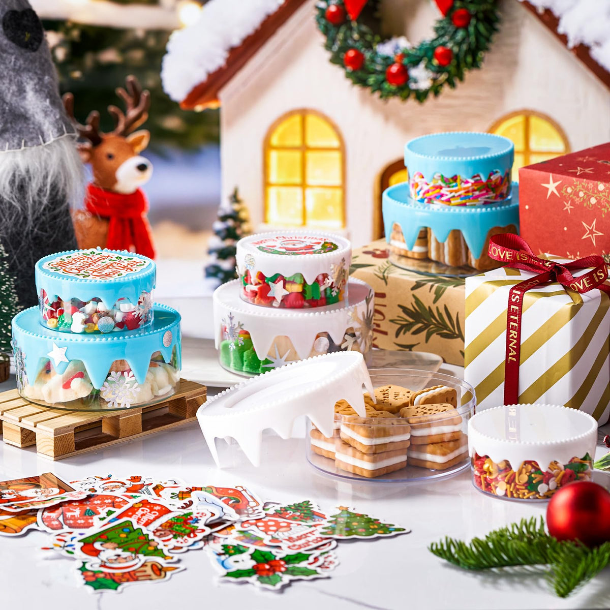 Potchen 12 Pcs Christmas Cookie Container with Lids Small Plastic Stackable Christmas Cookie Jars Xmas Snack Candy Goodie Boxes with Lid and Sticker for Holiday Gift Giving Baking Storage, Two Size