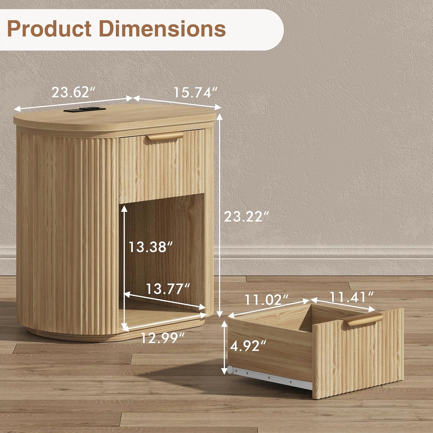 Fluted Nightstands Set of 2 with Charging Station, 23.6" Large Bedside Side Table, Wood End Table with Drawer Storage, Curved Round Corner, Furniture Bedroom Sofa, Mid Century Modern, Farmhouse, Oak