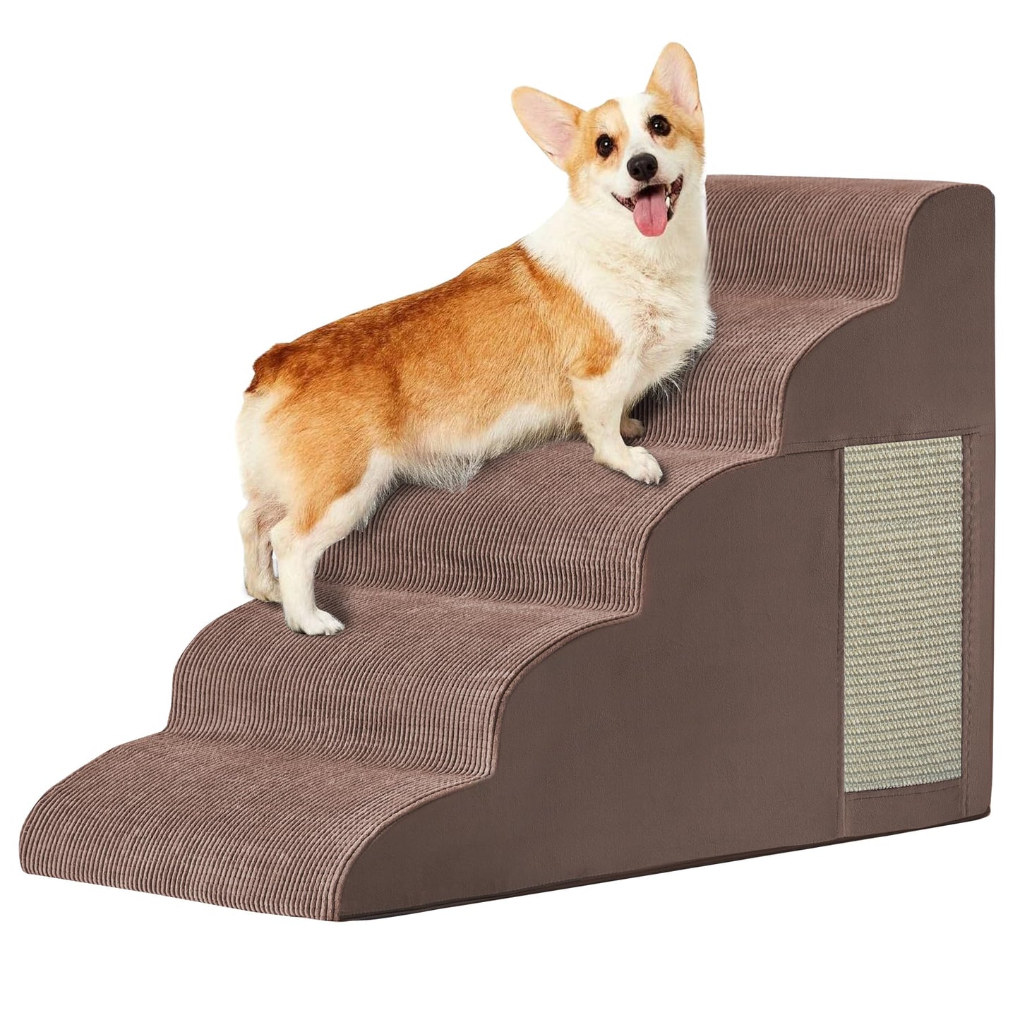 Pet Stairs, Dog Stairs for Small Dogs, Dogs Steps, 5-Step Curved Dog Ramp for Bed, Couch, Sofa, Car and Chair, Non-Slip Bottom Design, Cat Scratching Board, High Density Foam Portable Pet Step, Coffee