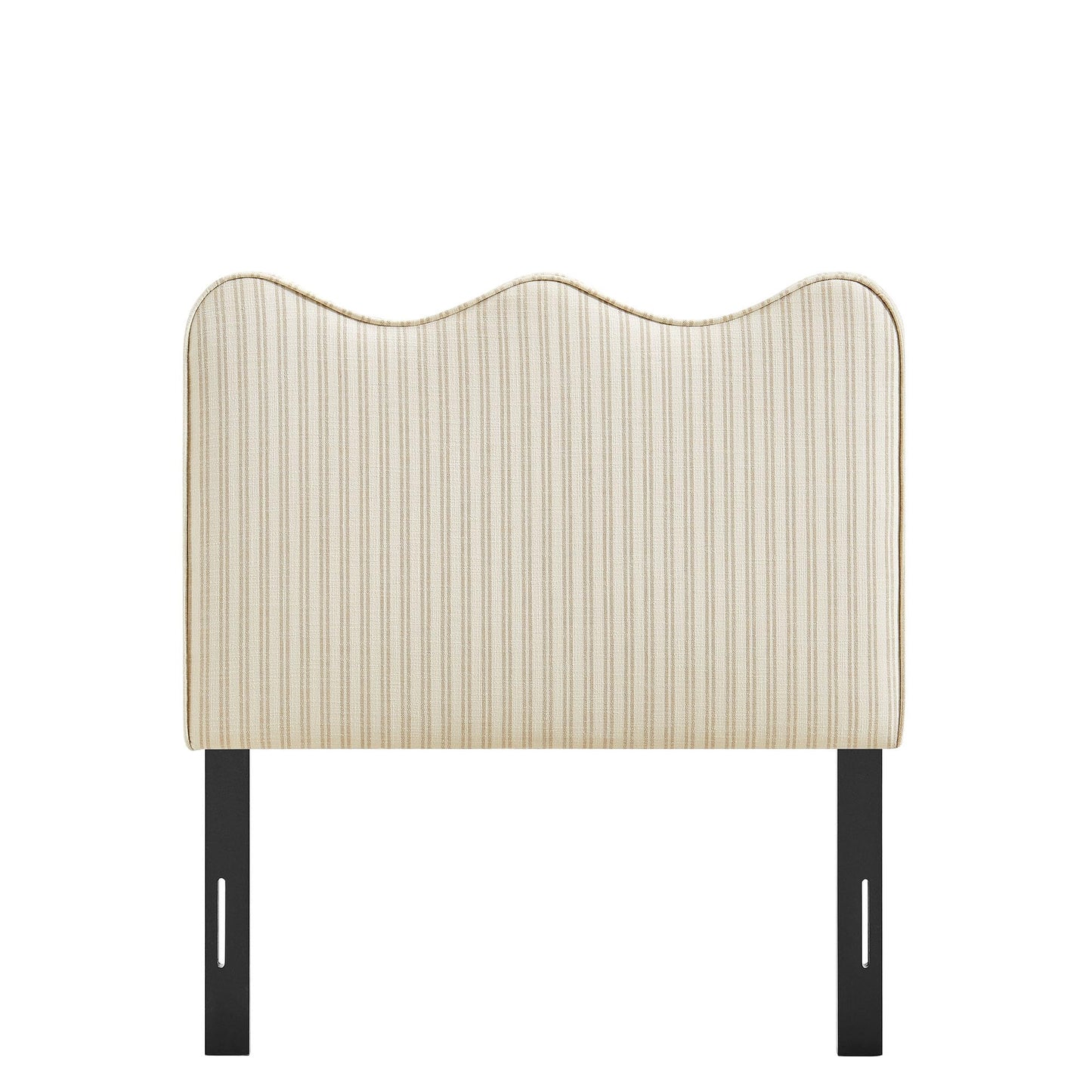 Monday Athena Striped Fabric Upholstered Twin Size Adjustable Headboard in Oatmeal Stripe - with Scalloped Wave Design and Soft Linen-Like Fabric