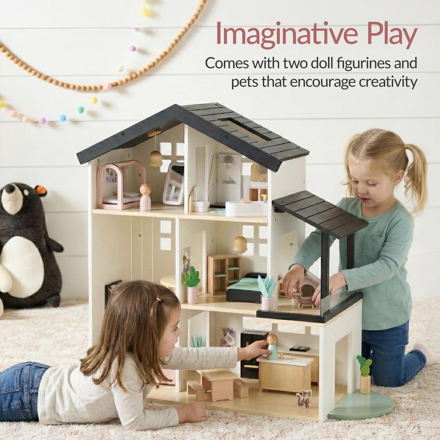 Best Choice Products Modern Wooden Dollhouse for Kids, 3-Story Doll House with 40 Furniture Accessories, Interactive Dollhouse Set with Dolls, Multi-Room Design for Girls & Boys - Black