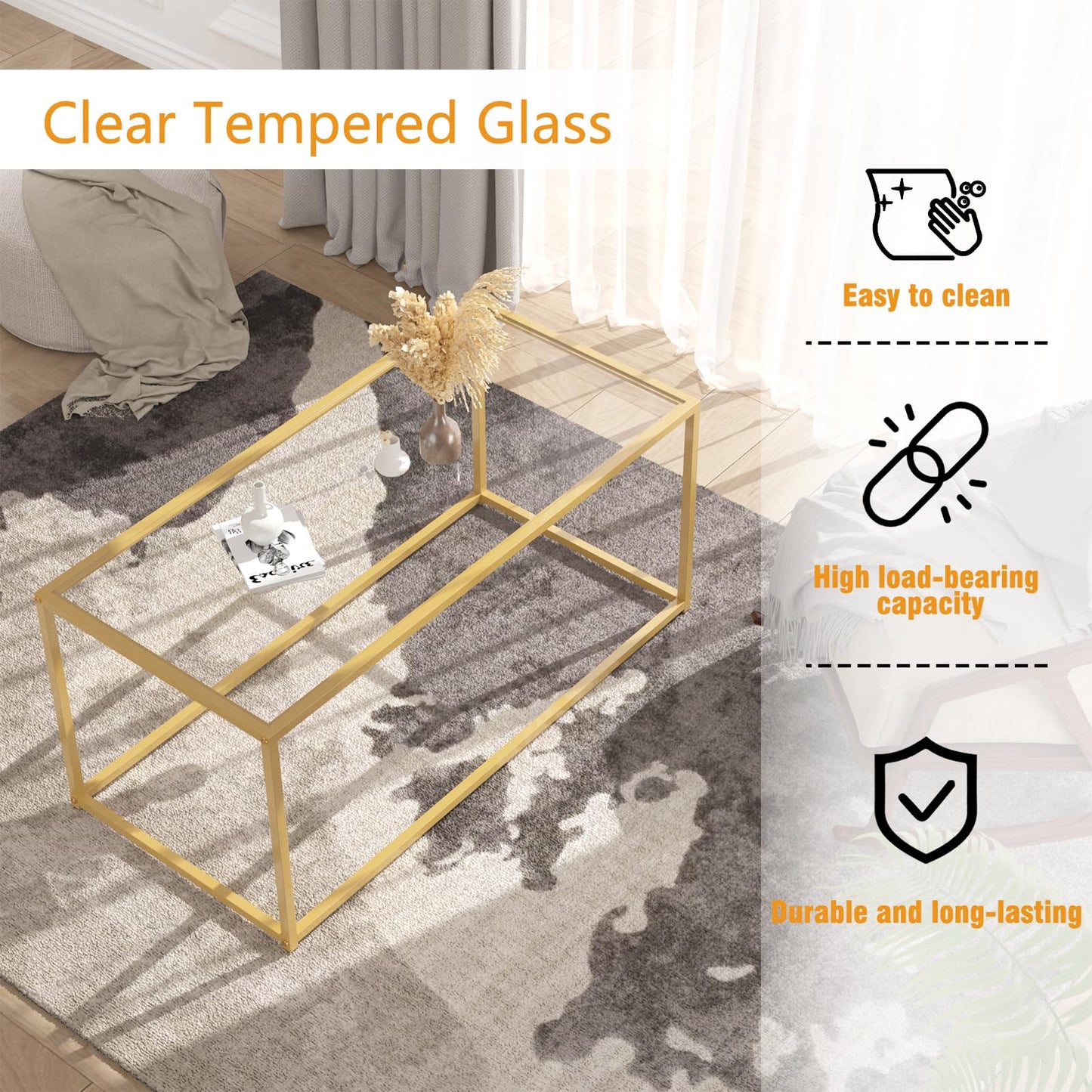Coffee Table,Tempered Glass Coffee Table,Minimalist Center Table for Living Room,Office,Modern Glass Top Coffee Table with Sturdy Metal Frame & Open Storage, Easy Assembly,Gold