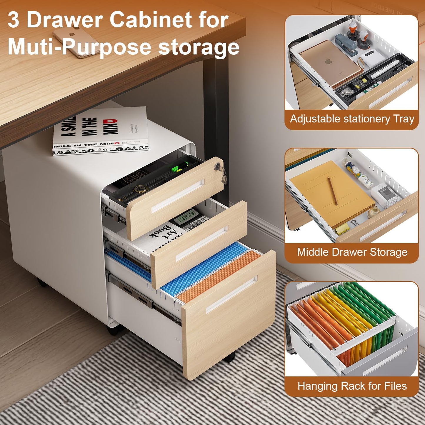GarveeHome 3 Drawer Mobile File Cabinet with Lock, Under Desk Metal Filing Cabinet for Home Office, Under Desk Storage with 5 Wheels for A4/Letter/Legal Size, Fully Assembled