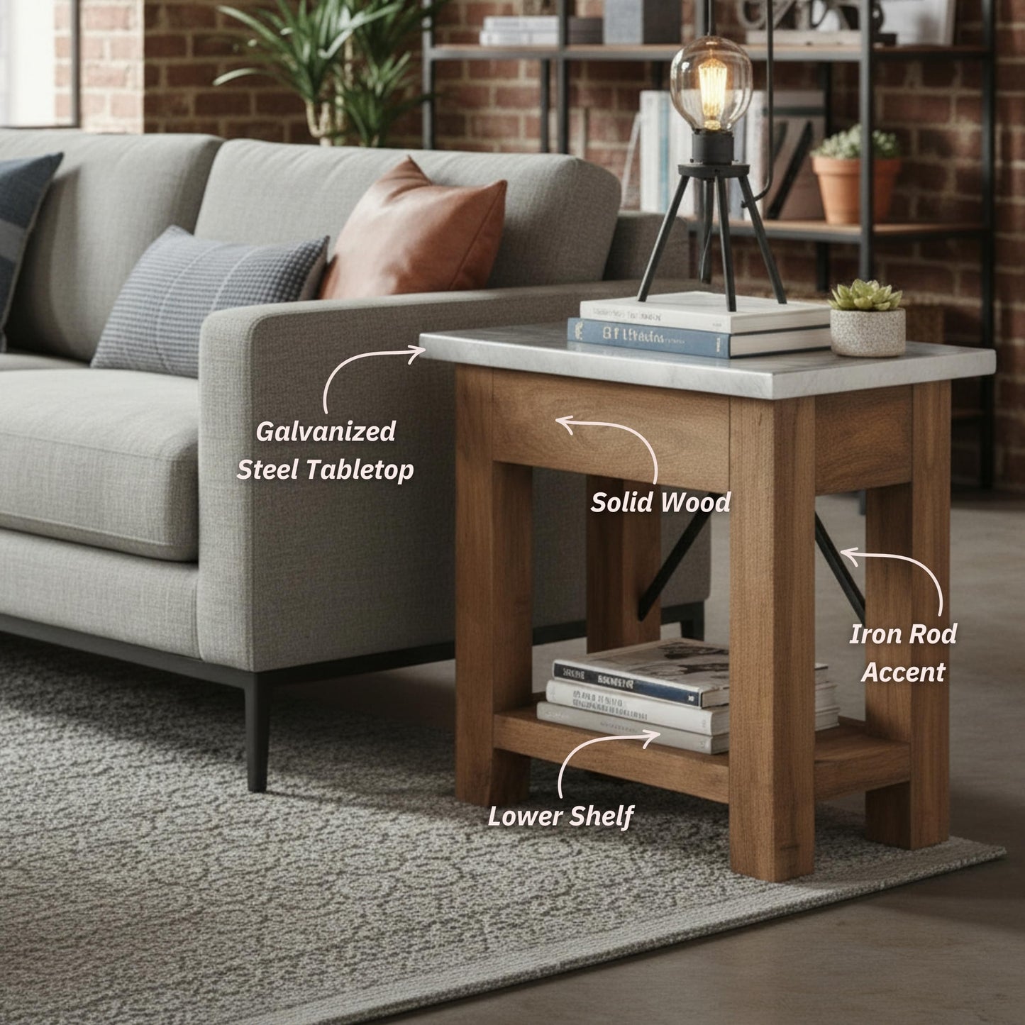 Millwork End Table with Steel Top – Rustic Industrial Narrow Side Table with Lower Shelf and Crossbar Accent – Small Space Accent Table for Living Room, Bedroom, Office by Alaterre Furniture