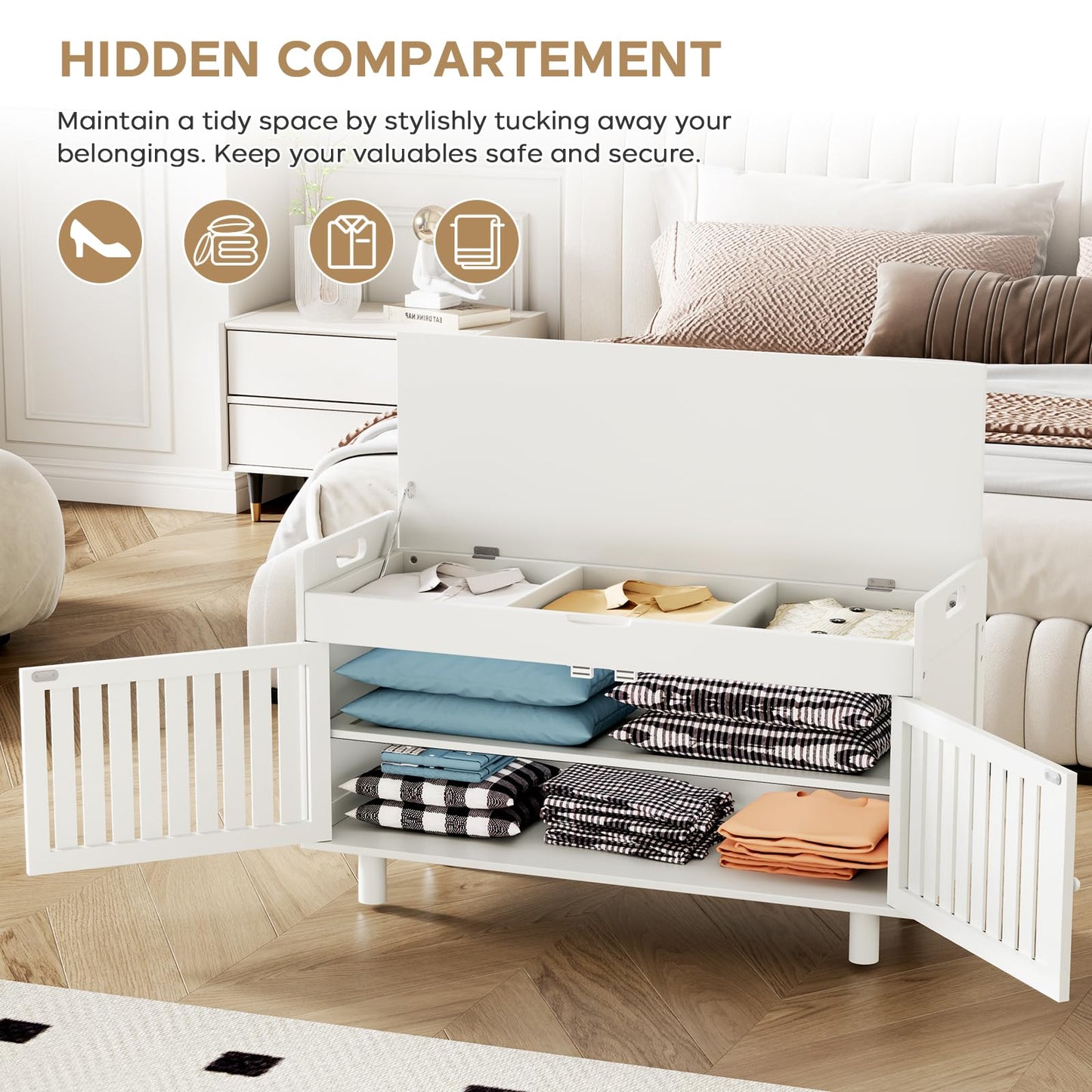oakvivo 35.4in Shoe Bench with Storage, Bamboo Entryway Bench with Lift Top Hidden Storage & Padded Seat, 2 Doors 2-Tier Narrow Shoe Rack Cabinet Organizer for Hallway Mudroom Bedroom, White
