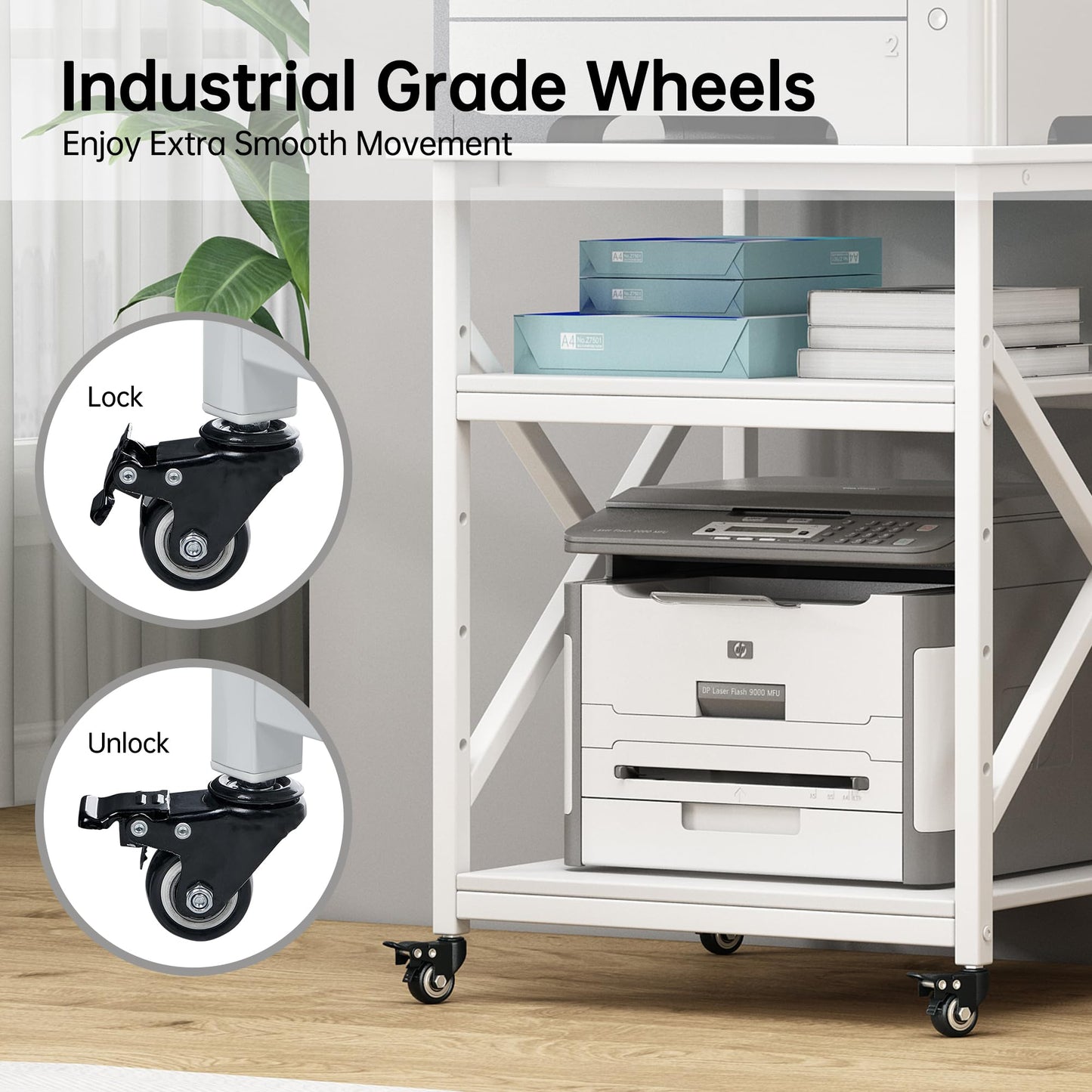 Fannova Large Printer Stand with Height Adjustable Storage Shelf, 23.6 x 23.6 Inches Square Printer Table with Industrial Wheels, Multi-use 3 Tier Rolling Printer Cart for Home Office - White