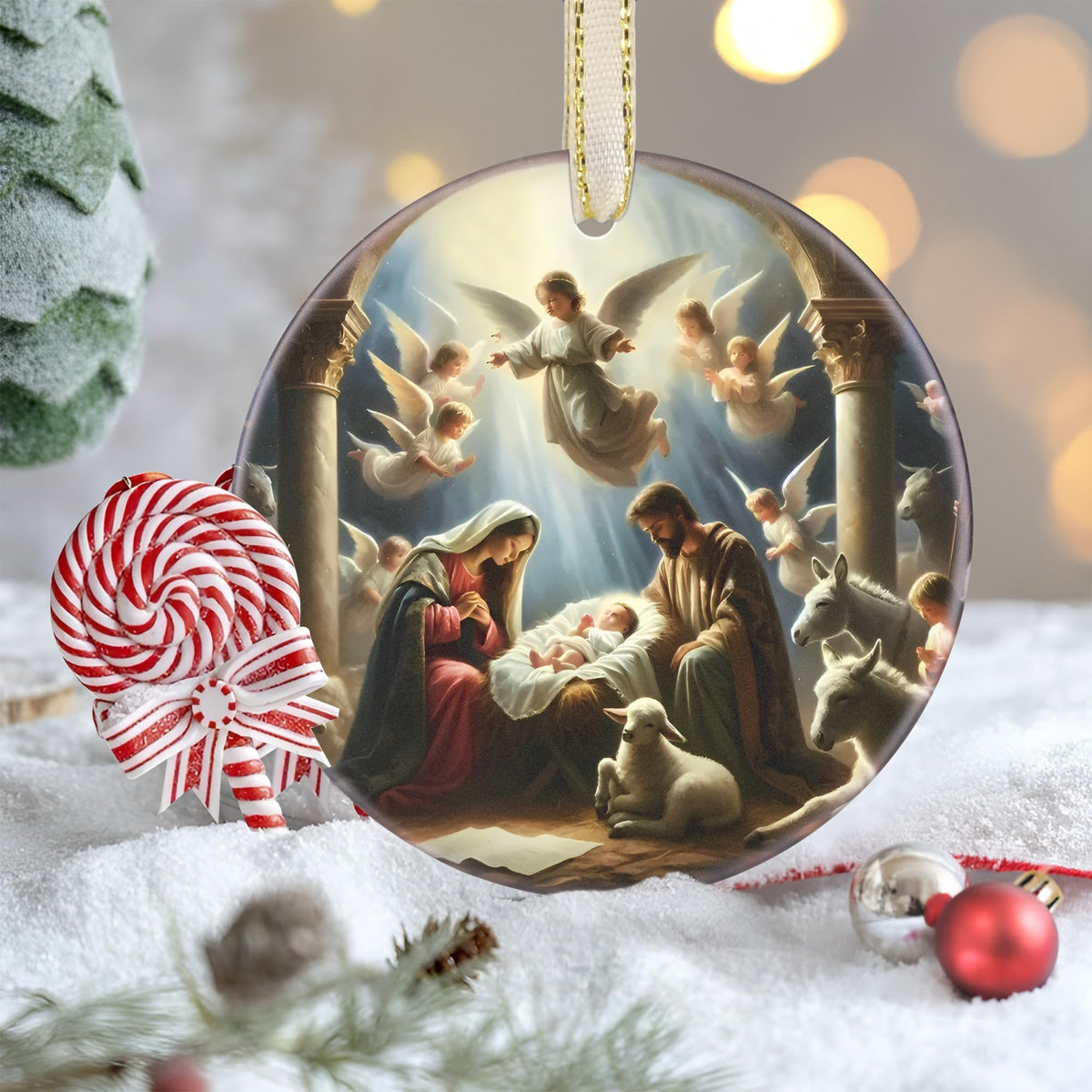 Nativity Christmas Decorations, 3.5 Inch Ceramic Religious Christmas Ornament, Christmas Tree Ornaments, Christian Gifts for Kids, Religious Gifts for Women, Xmas Gifts for Mom, Merry