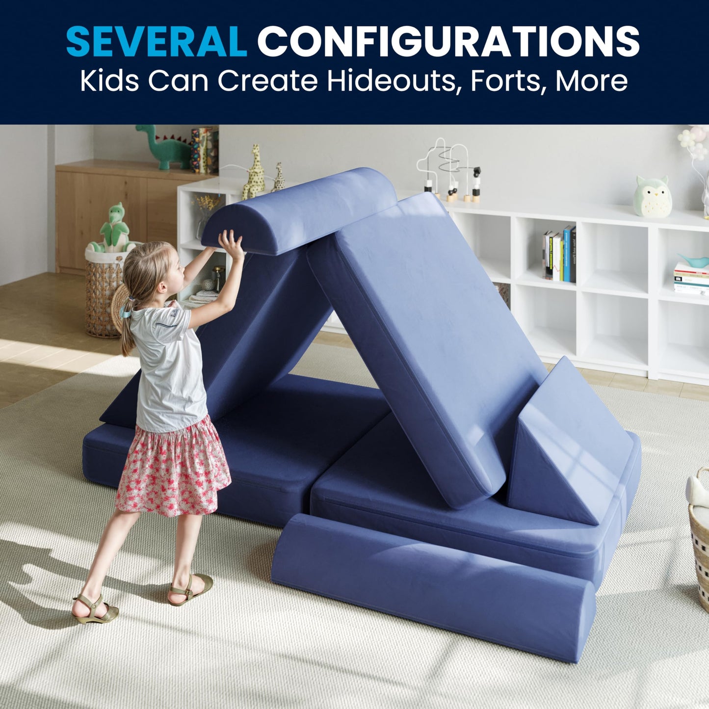 Flash Furniture Marlowe Modular Foam Kids Play Couch, 6 Soft Sectional Sofa Pieces, Convertible Kids Couch, Removable Covers, 56", Blue
