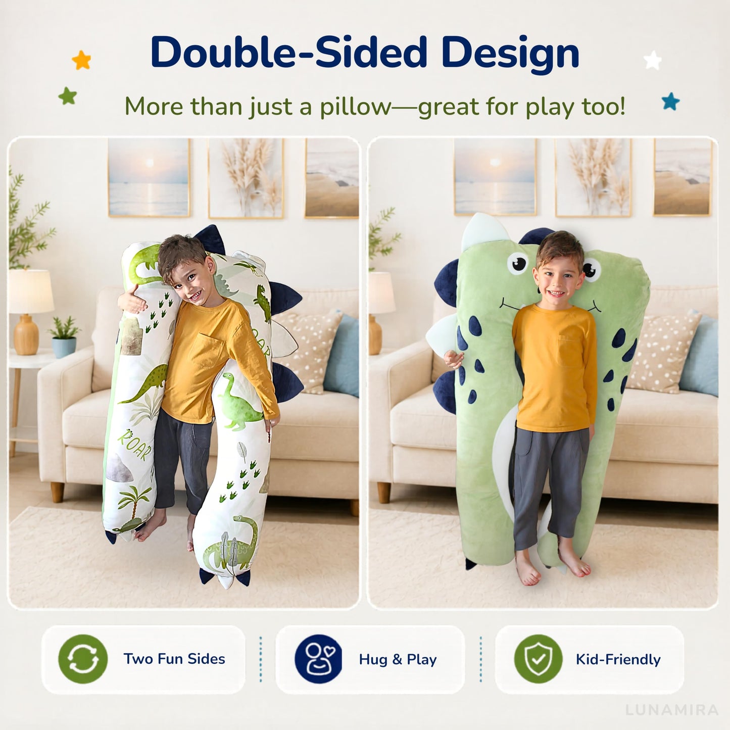 LUNAMIRA Dino Kids Body Pillow - 47" U-Shape Long Plush Soft Animal Pillow for Kids, Sleeping, Reading, ADHD & Special Needs Comfort, Anxiety, Washable Cover, Snuggle Fun Cuddle Gift for Boys & Girls