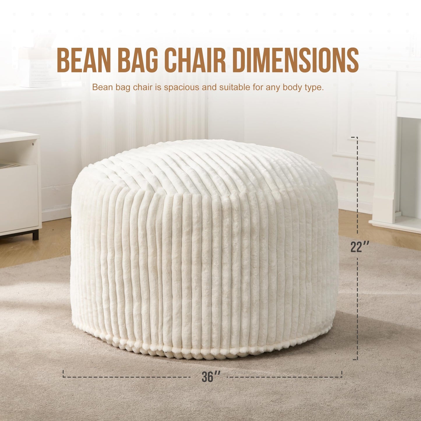 Hobestluk 3ft Bean Bag Chairs for Adults Large Beanbag Chair with Stripe Plush Cover Big Bean Bag Chair for Living Room Bedroom Dorm Office - White (36” x 36” x 22”)