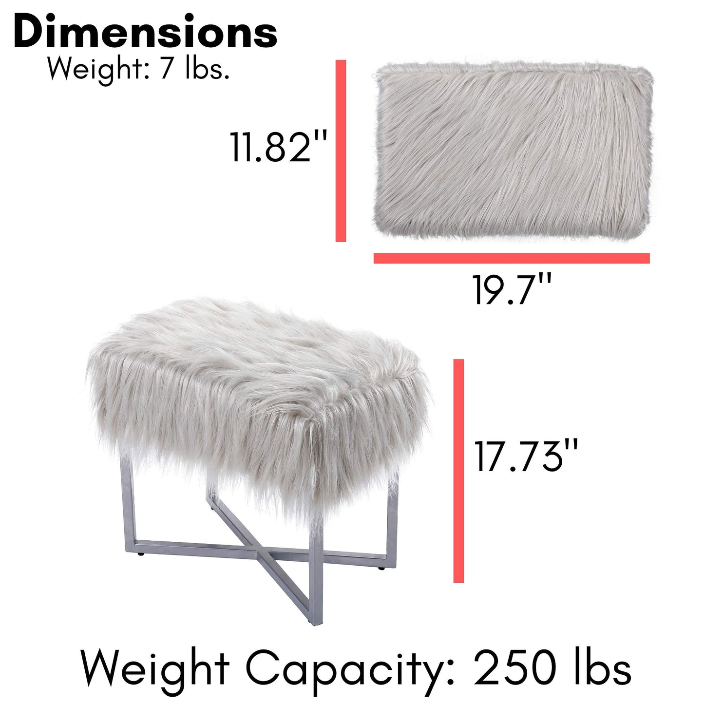BIRDROCK HOME Rectangular Faux Fur Vanity Foot Stool Ottoman with Metal Legs - Small Soft Padded and Fluffy Makeup Seat or Foot Rest for Bedroom, Desk, or Dressing Table (Gray and Silver)