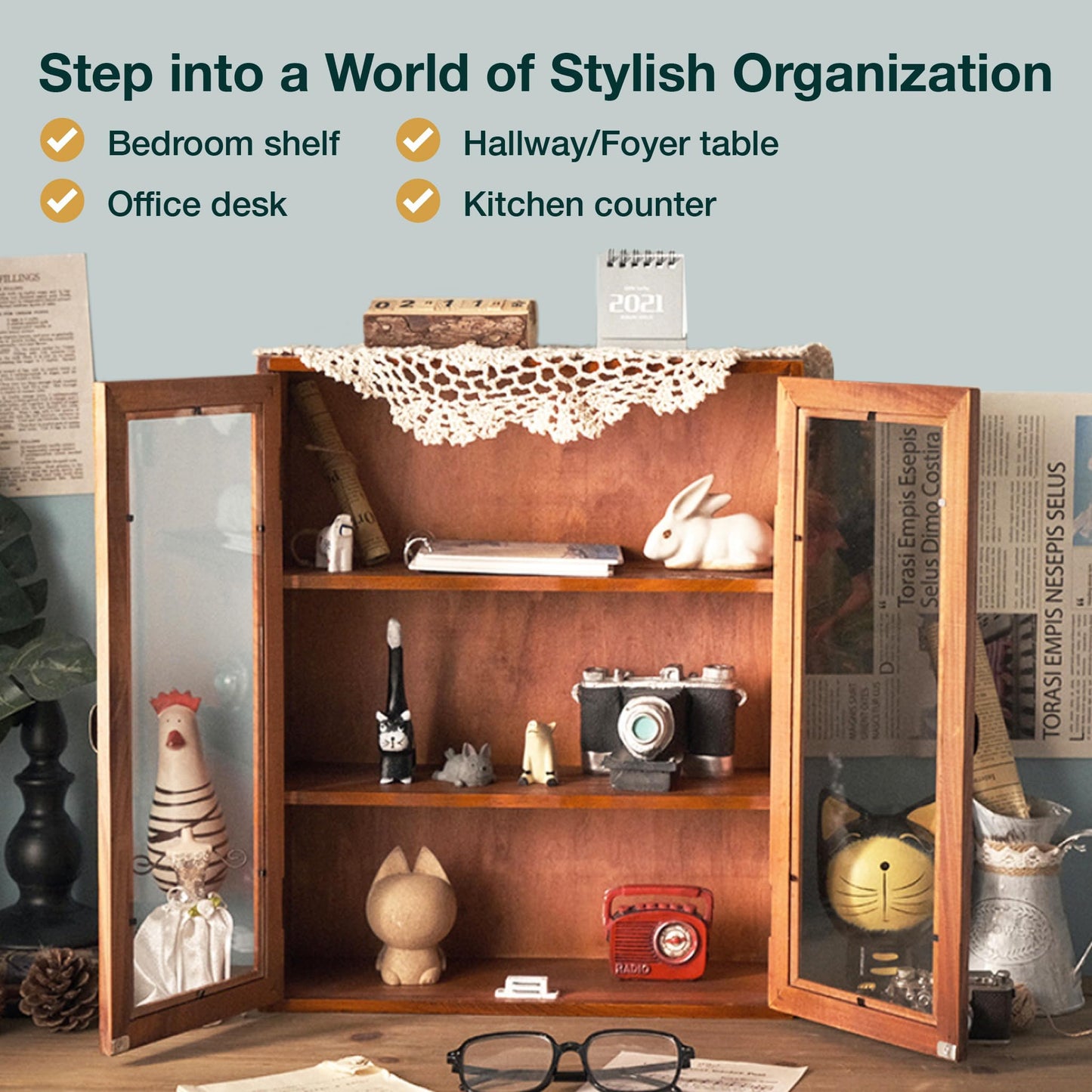 Woodaholic Storage Display Cabinet with Clear Display Doors - Pantry Storage Cupboard - 3-Level Cover with 2 Metal Handles - Rustic Mini Kitchen Cupboard, Mahogany Wood