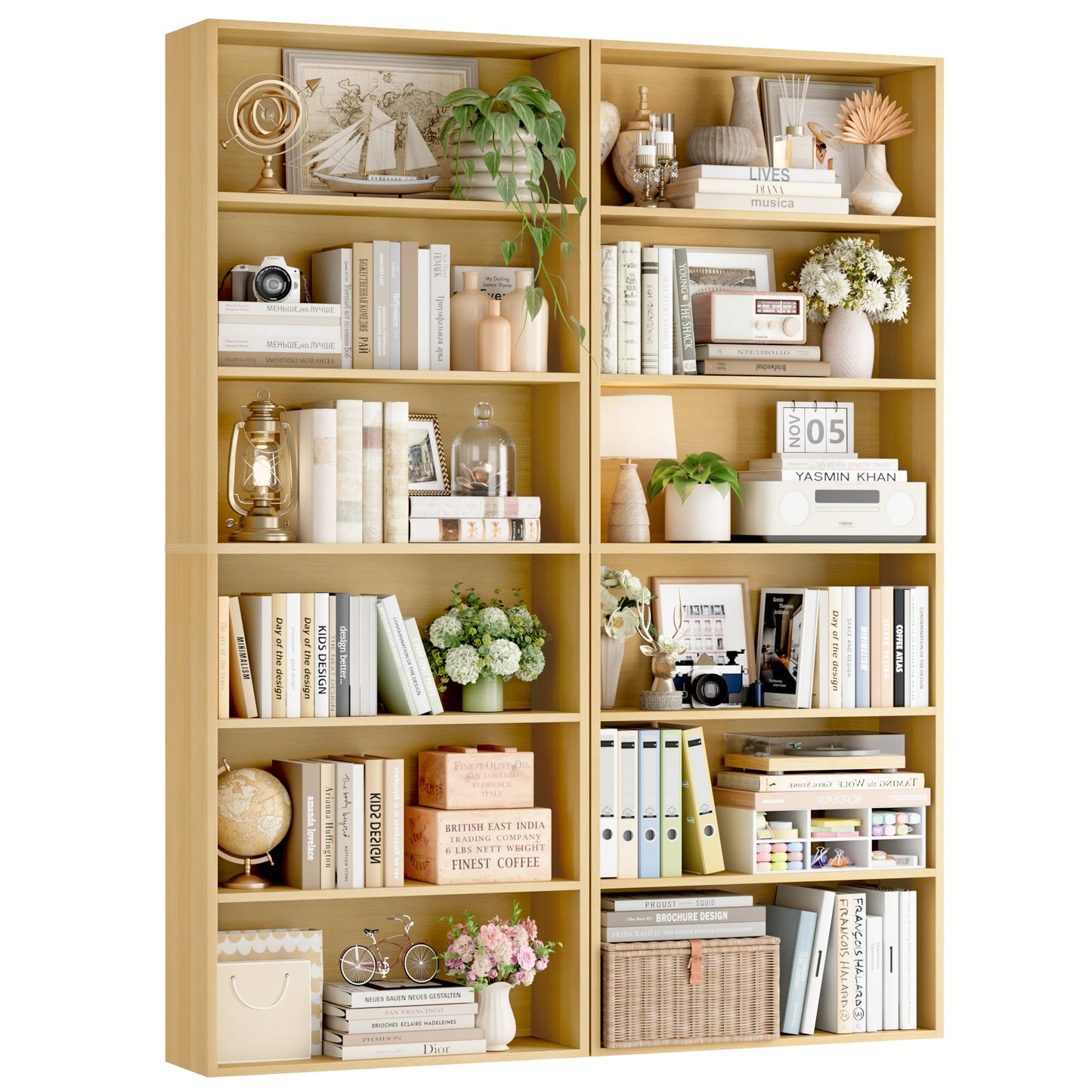 FOTOSOK 6-Tier Open Bookcase and Bookshelf Set of 2, Freestanding Display Storage Shelves Tall Bookcase for Bedroom, Living Room and Office, Natural