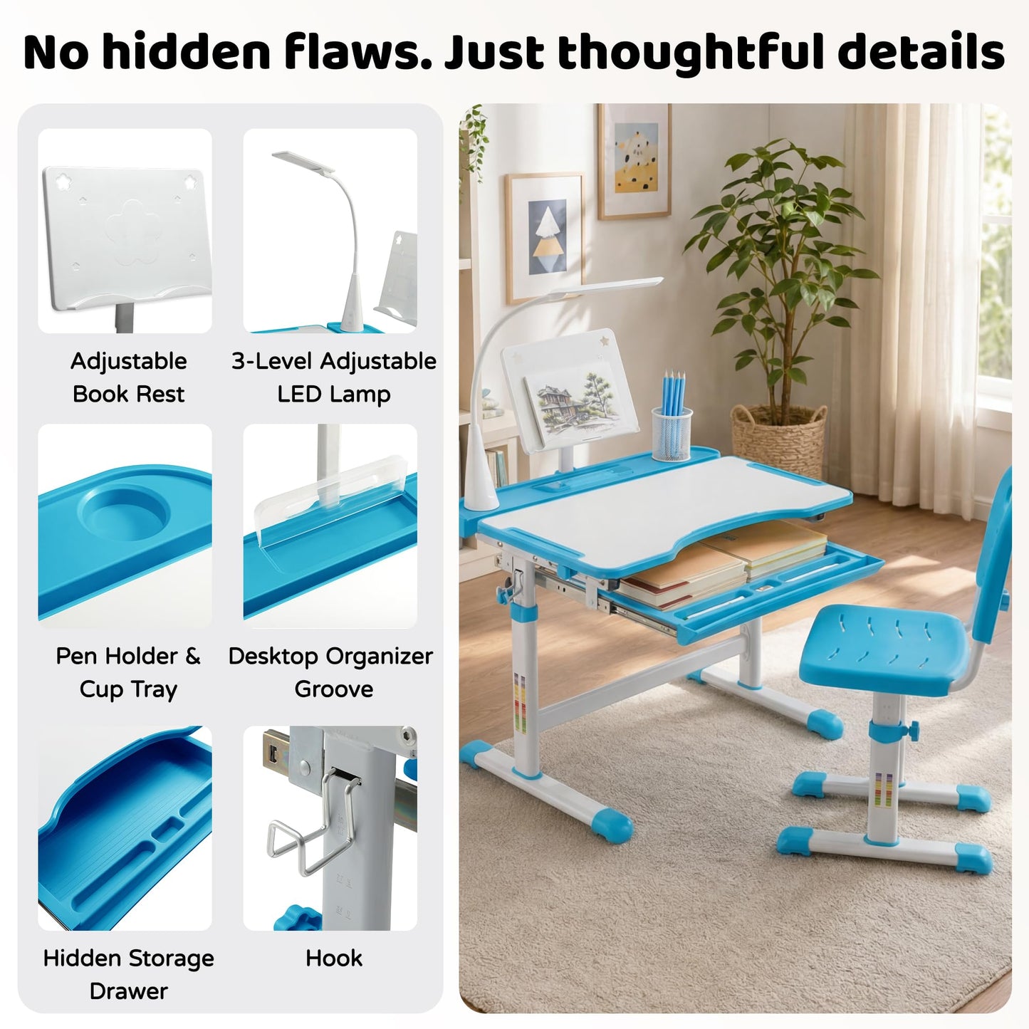 Diroan Kids Functional Desk and Chair Set, Ergonomic Height Adjustable Children School Study Desk with Tilt Desktop, Book Stand, LED Light, Metal Hook and Storage Drawer for Boys Girls(Blue)