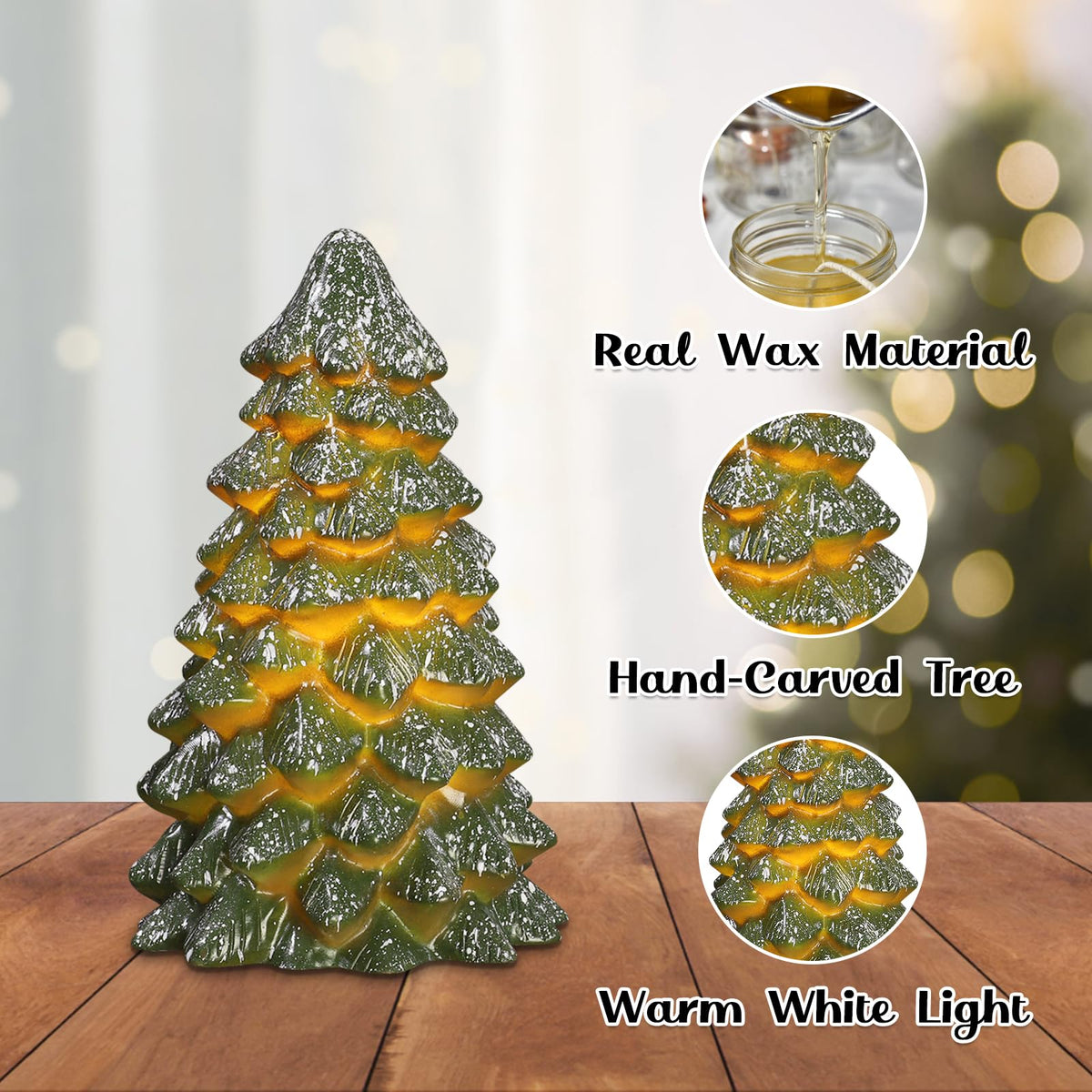 Green Christmas Tree Figurines Hand-Painted Tabletop Tree Flameless Candles Real Wax Flickering LED Battery Operated with Remote Lighted Christmas Tree Decoration for Shelf Fireplace Mantel Holiday
