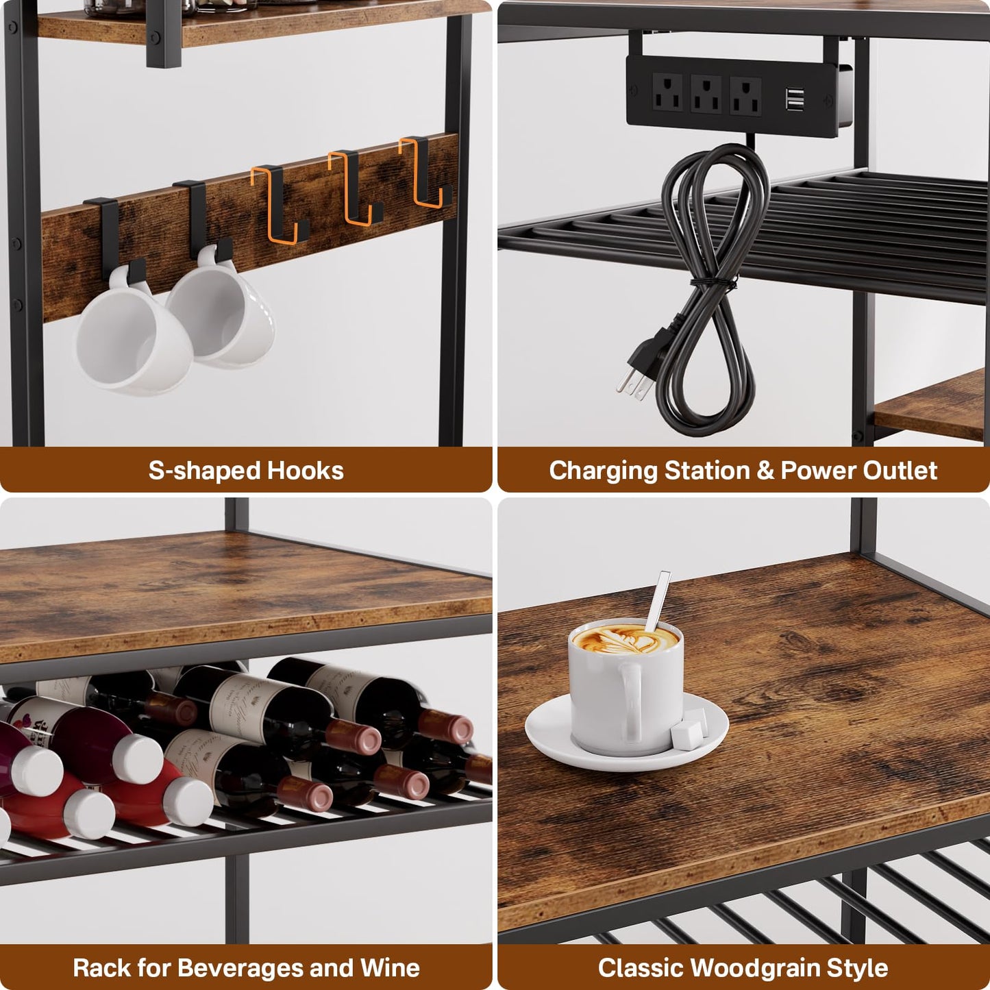 Portin Mini Fridge Stand Coffee Bar Cabinet with Power Outlet, Mini Fridge and Microwave Stand with S-Hooks, 7 Storage Shelf Rack for Dorm,Office - Kitchen Bakers Rack