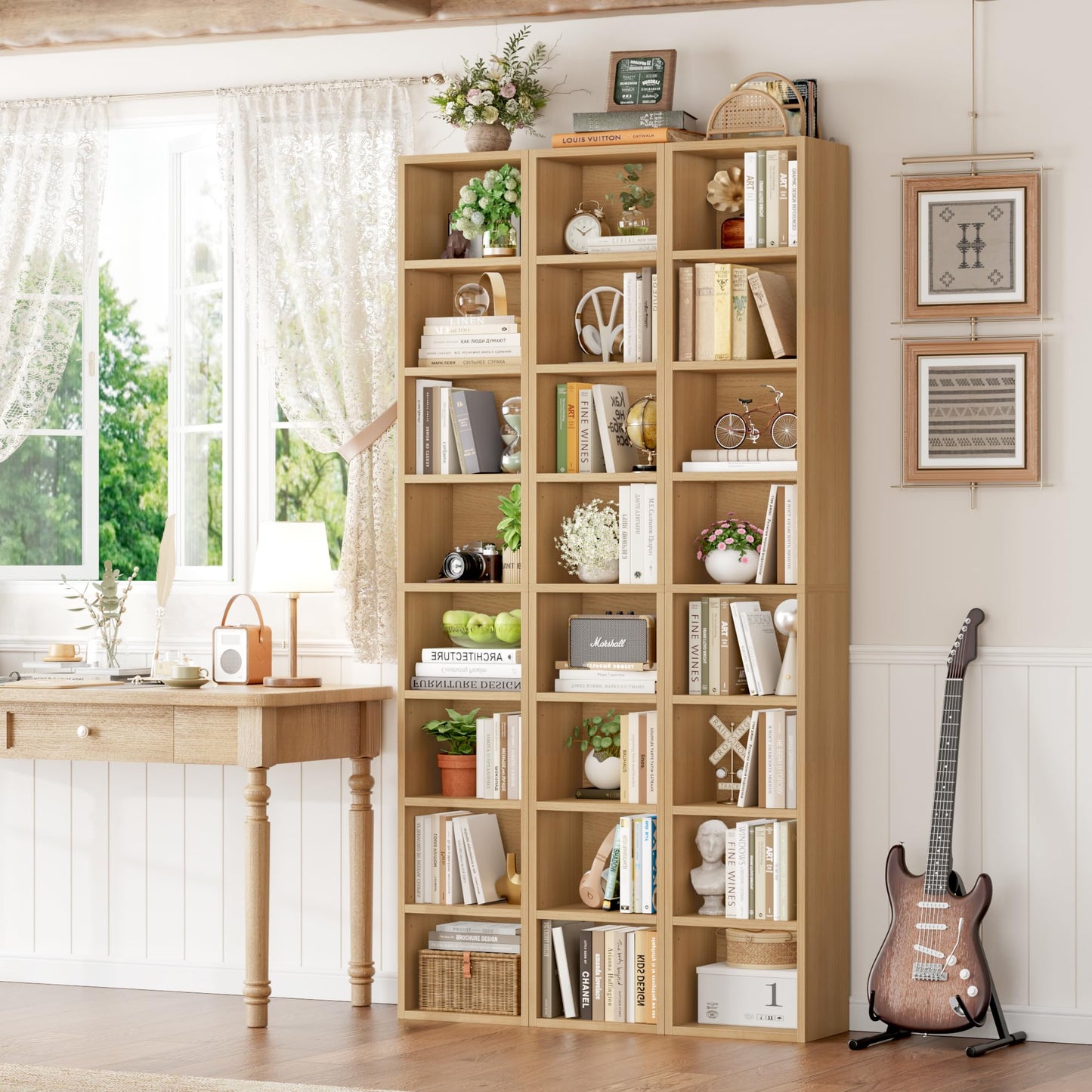 FOTOSOK 8-Tier Media Tower Rack, 11.6 X 9.3 X 71 Inches CD DVD Slim Storage Cabinet with Adjustable Shelves, Tall Narrow Bookcase Display Bookshelf for Home Office, Natural