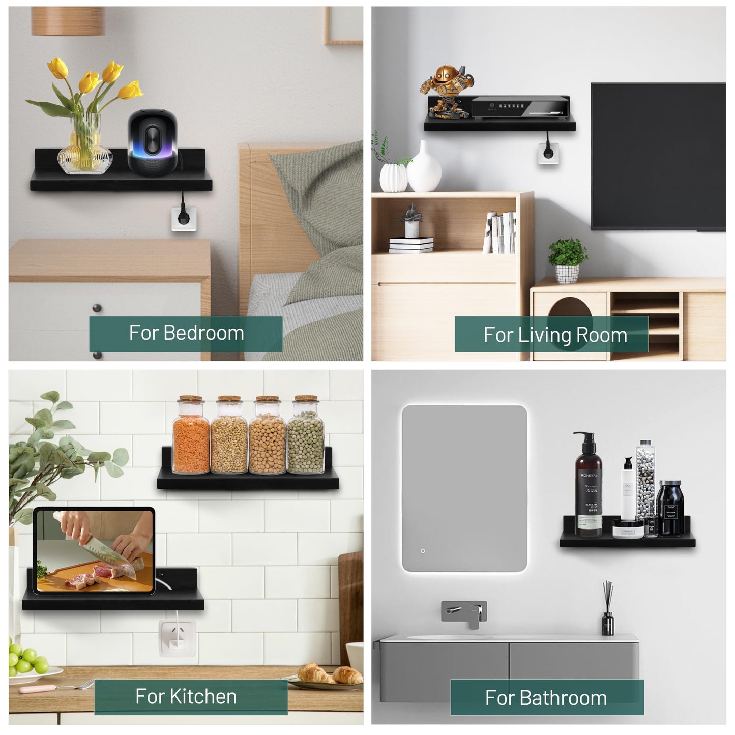 FURAOMEILI Small Floating Shelf for Wall,9X5 Inch Wall Mounted Shelf with Cord Hole,Small Display Shelves for Cameras, Webcam, Router,Smart Speaker,Action Figures-2 Pcs(Black