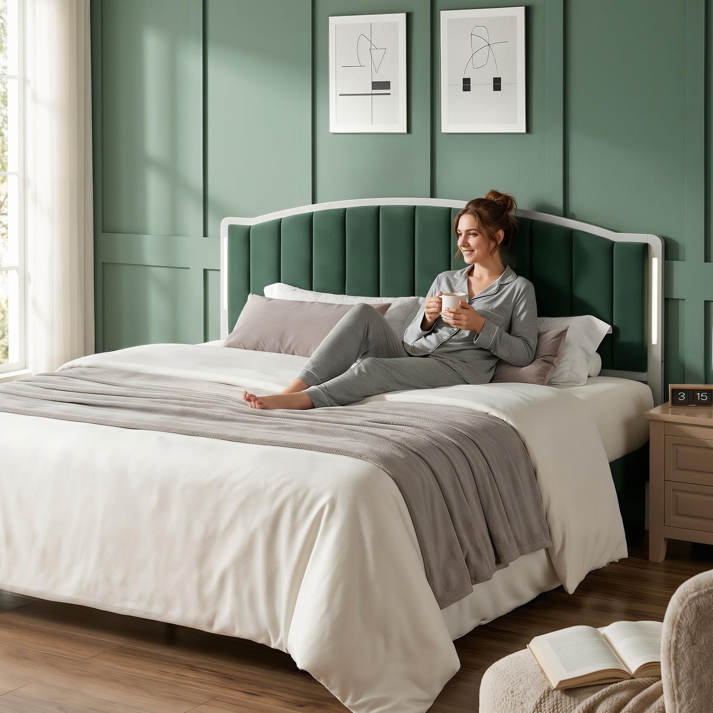 Salamir Headboard for Queen Size Bed with LED Lights, Upholstered Vertical Channel Tufting Head Boards, Velvet Headboard Only, Attach Frame, Ideal for Bedroom, Dorm, Guest Room, Green
