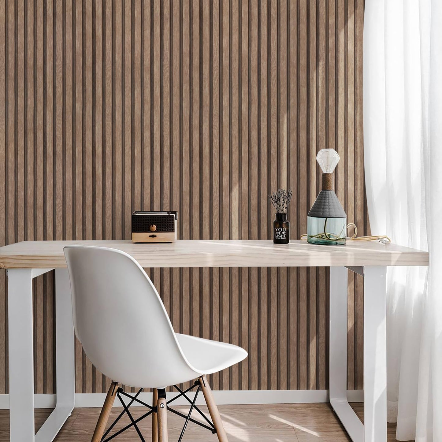 Yun-aeon Natural Wood Peel and Stick Wallpaper Wood Slats - 17.3"x 120" Light Tan Self-Adhesive Waterproof Vinyl Removable Wall Paper for Wall Decor Bedroom