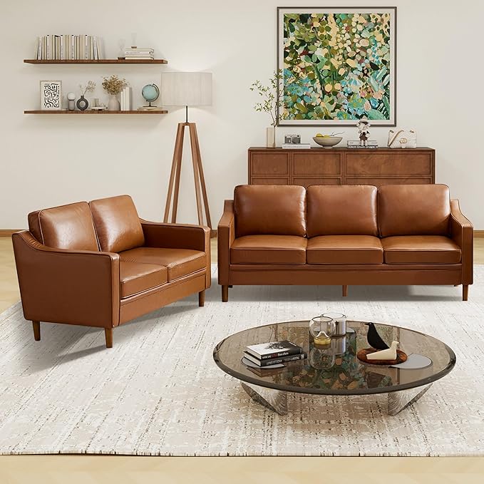 Kingfun Living Room Furniture Sets, 3 Seater Couch and Loveseat, Mid Century
