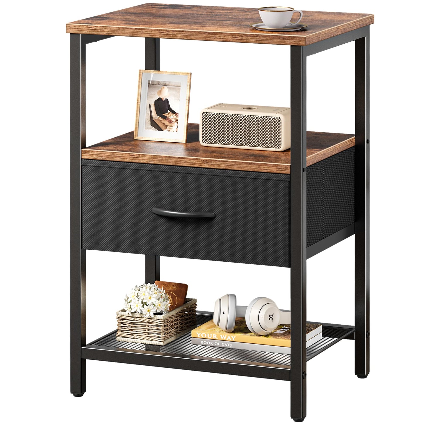 Huuger Night Stand with Fabric Drawer, Side Table with Mesh Shelf, Bedroom Nightstand, Fabric Drawer Dresser, Open Shelf, Metal Frame, Couch Side, Rustic Brown and Black