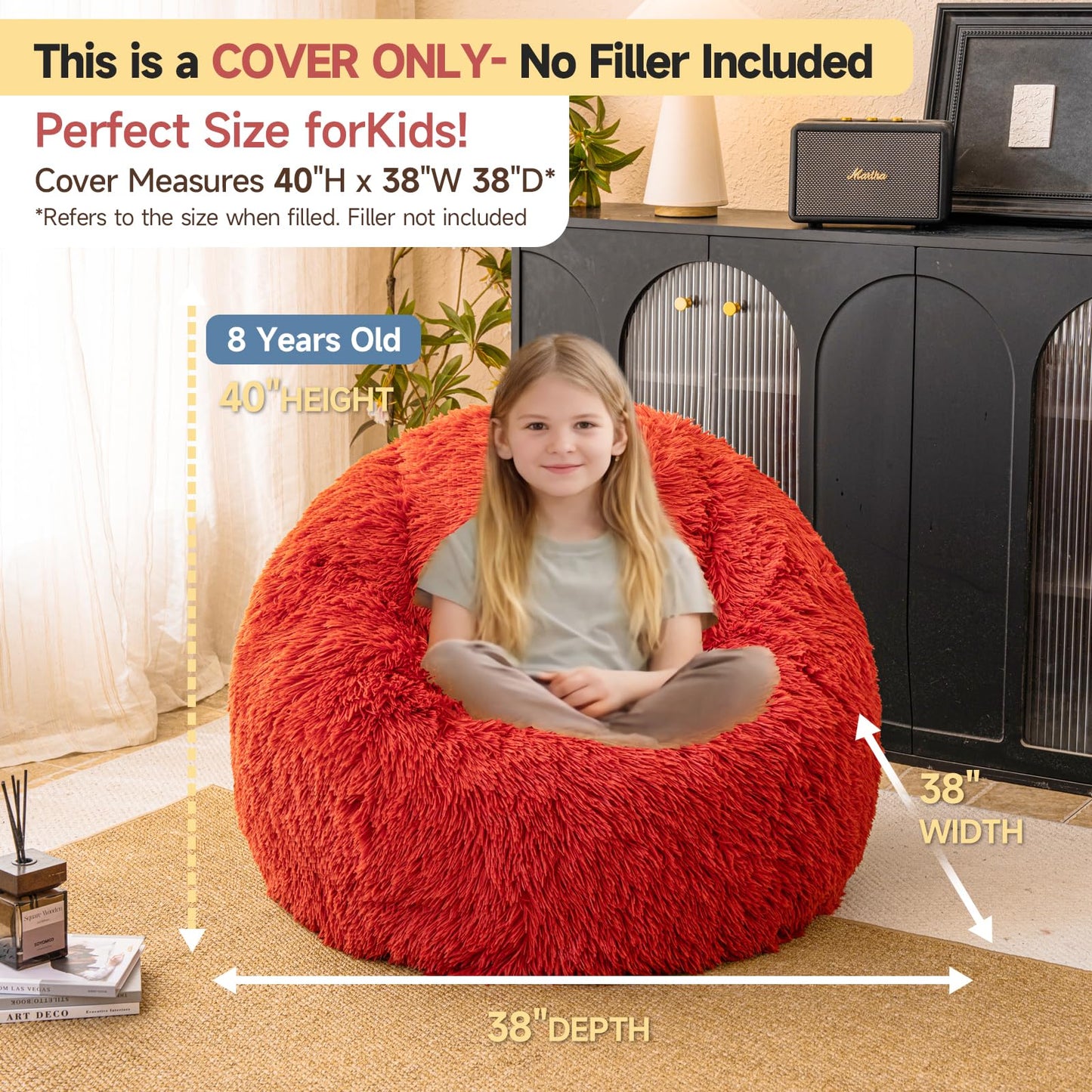 Burnt Orange plush bean bag chair covers (No Filler), comfy Faux Fur Burnt Orange bean bag chair Cover for bedroom, stuffed animal Storage, kids adults teens girls bean bag chairs, Anti-Slip