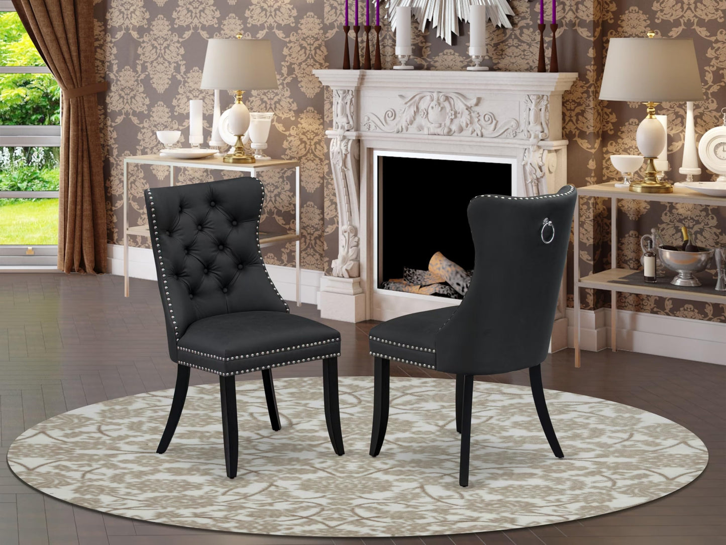 East West Furniture DAP6F12 Dallas Parsons Dining Chairs - Button Tufted Nailhead Dark Gray Polyester Fabric Upholstered Chairs, Set of 2, Wirebrushed Black