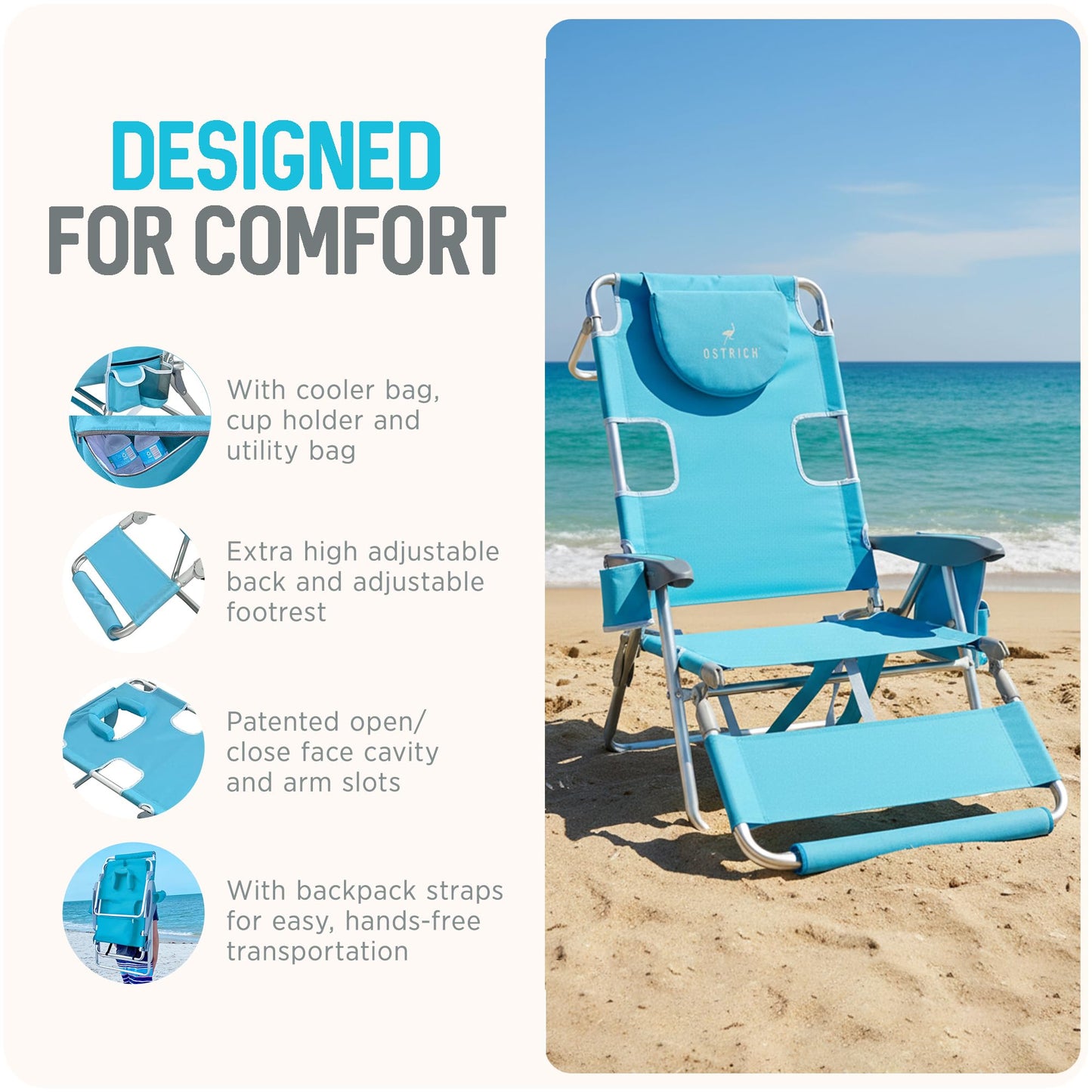 Ostrich the Backpack 3N1 Portable Chair with Cooler Bag and Reclining Lounger for Tanning, Camping, Beach, and Outdoor Essential, Light Blue
