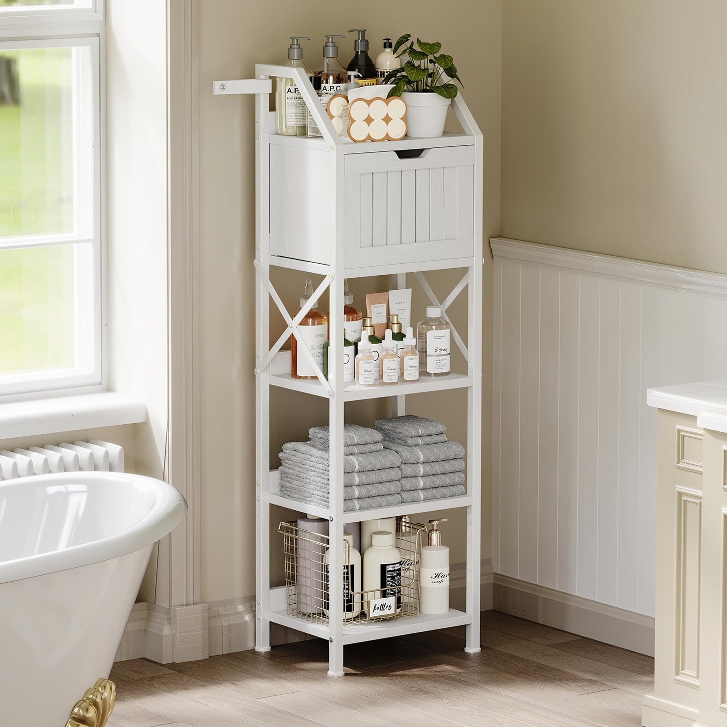 Homeiju Bathroom Floor Cabinet, 5-Tier Bathroom Storage Organizer Rack with Drawer, Multifunctional Corner Unit, 47.24 Inches in Height, White