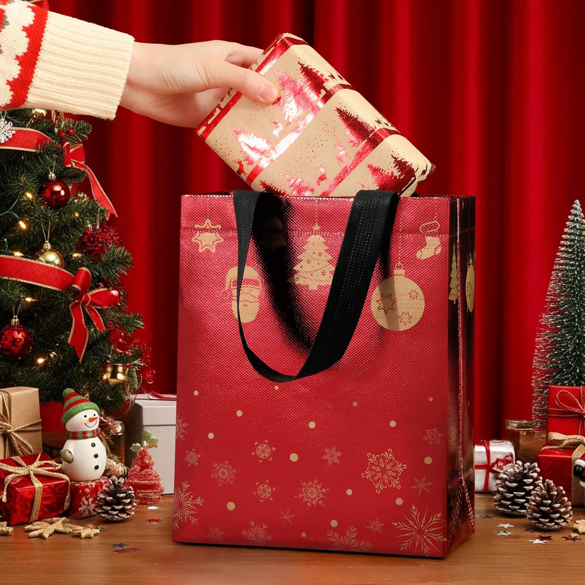 STYPOP 32 Pack 10" Christmas Gift Bags Medium Size with Tissue Paper, Reusable Non-Woven Christmas Tote Bags with Handles, Perfect for Holiday Gift Wrap/Party Favor Supplies, 10.2" × 8.3" × 4"