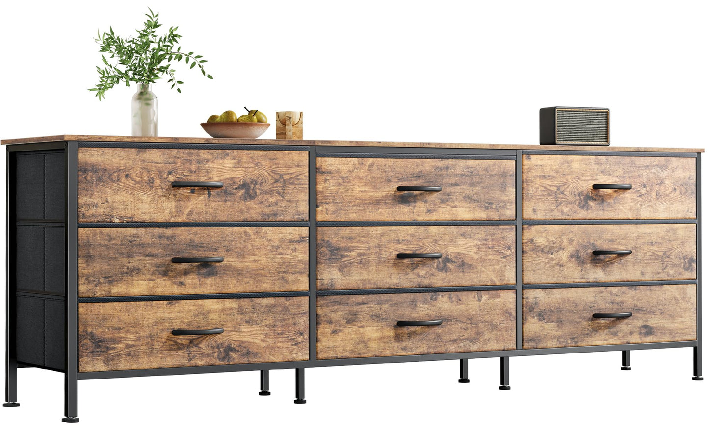 Huuger 63 Inch Dresser for Bedroom, Dresser for Closet with 9 Fabric Drawers, Large TV Stand for 55, 65, 70 Inch TV, Entertainment Center with Storage, Wide Long Chest of Drawers, Rustic Brown
