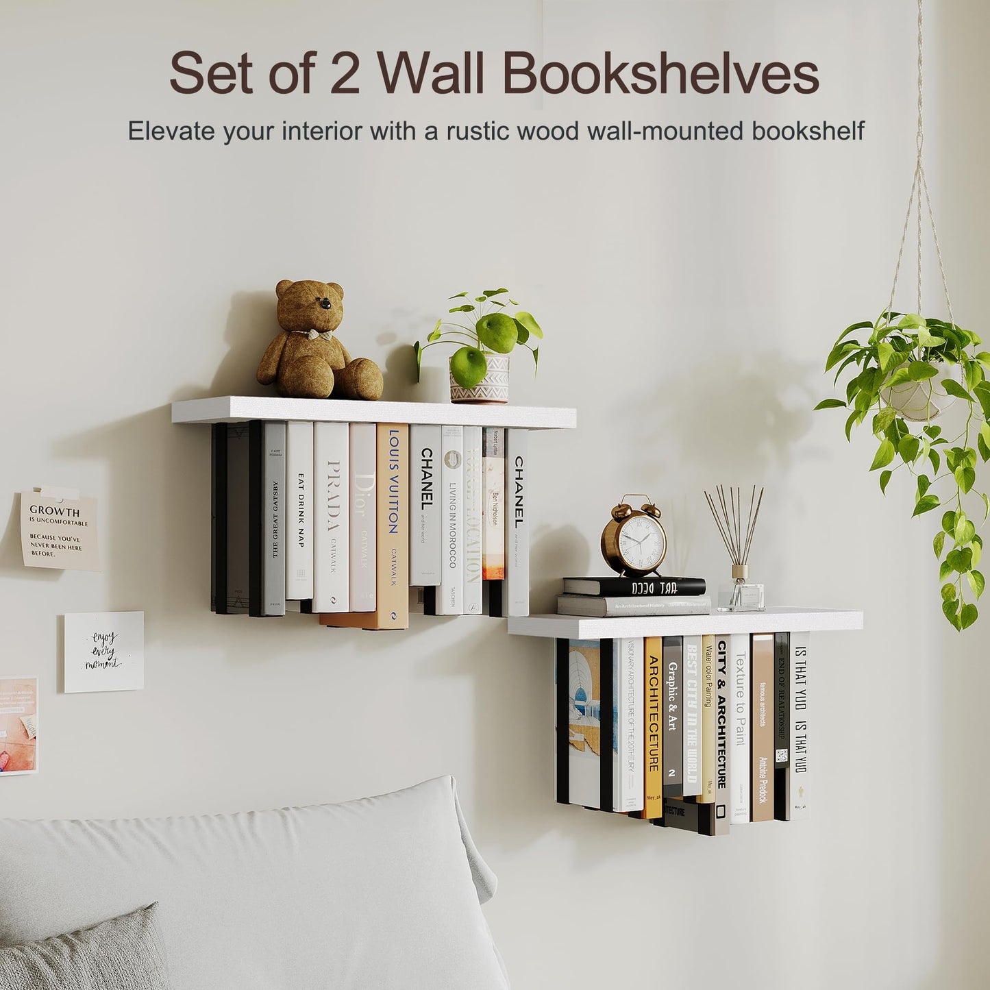 BUTUNITA Floating Bookshelves for Wall, Rustic Wood Hanging Wall Bookshelf, Upside Down Book Shelf and Wall Mounted Bookshelves for Home Decor in Bedroom, Living Room, White 2 Pack