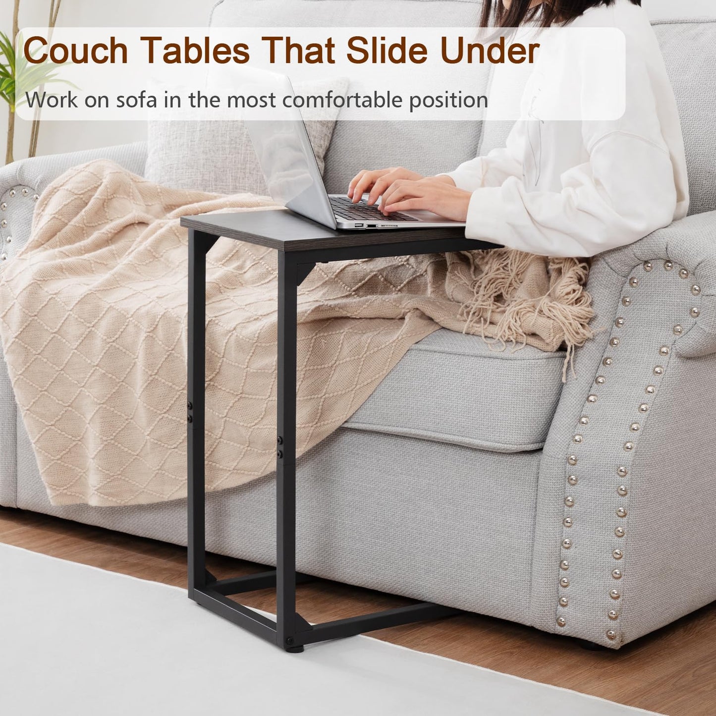 AMHANCIBLE C Shaped End Table Set of 2, Couch Side Table that Slide Under Sofa, Narrow Small Space TV Trays for Living Room, Bedroom, Dark Grey, HET02CDG