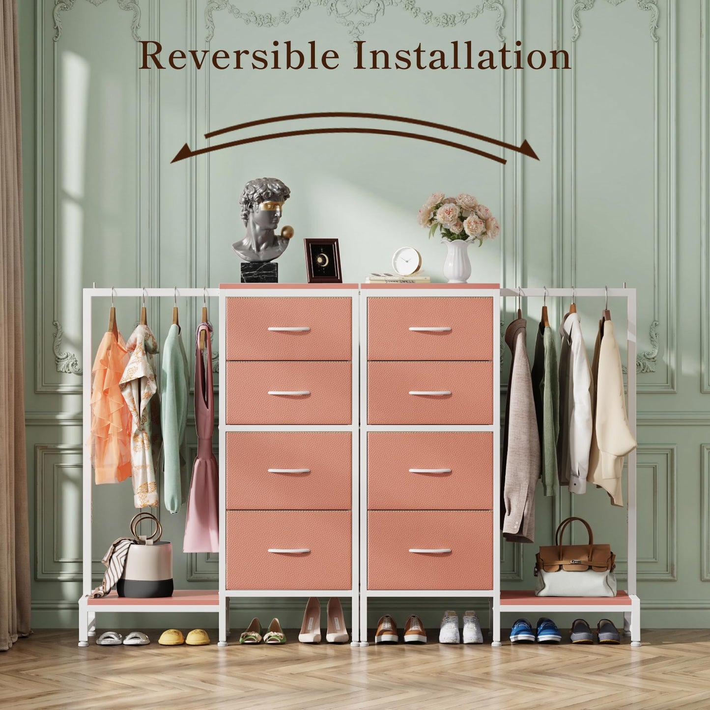 HIGDBFE Dresser with Hanging Rack, 4 Drawers Small Closet for Bedroom, Reversible Fabric Kids Chest of Drawers with Clothes Rack, Tall Storage Tower, Sturdy Frame, Pink, 44''H