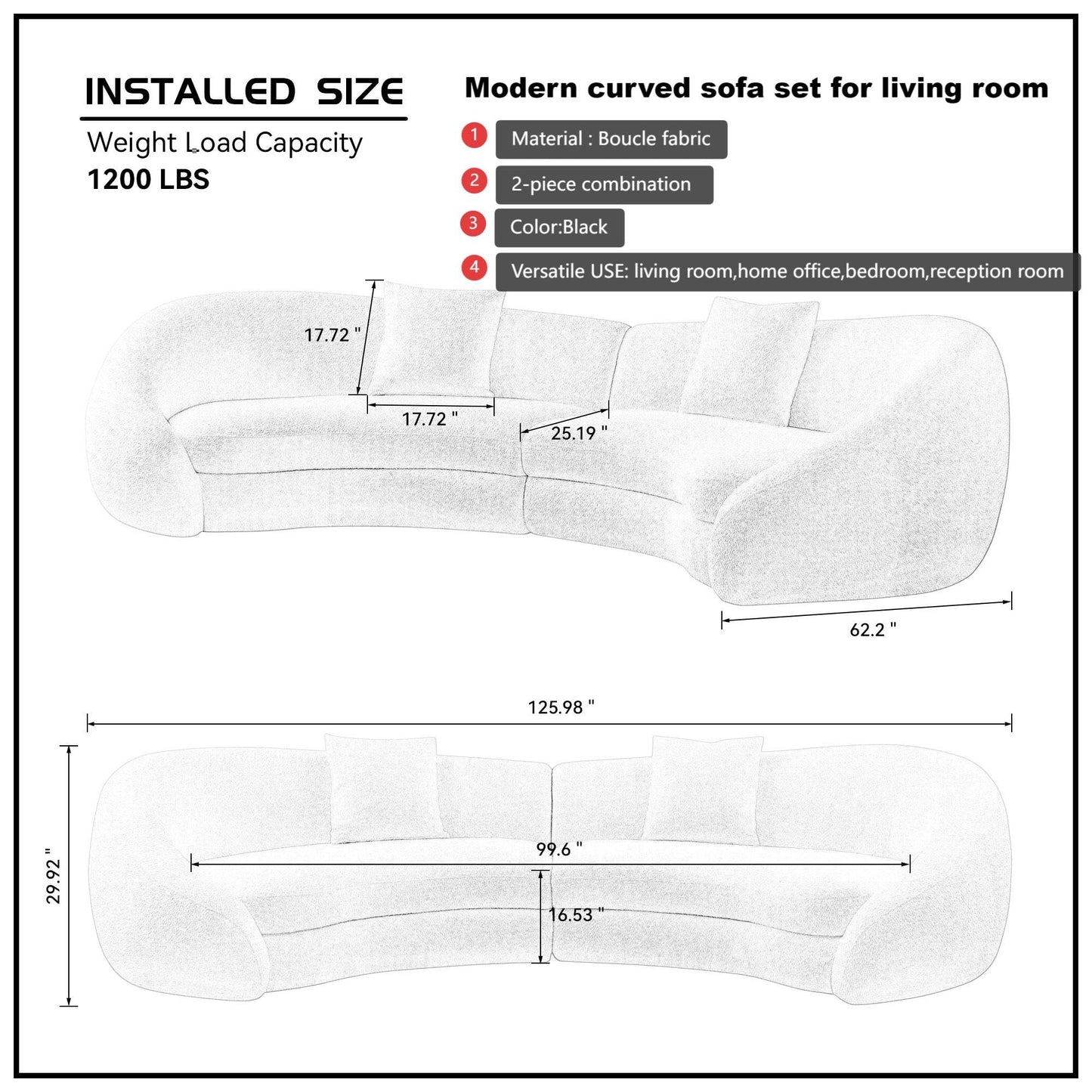 BBTJOINT Modern Curved Sectional Sofa, Contemporary Black Velvet Upholstered Couch, SemiCircular Design loveseat, Living Room Furniture,Half Moon Chaise