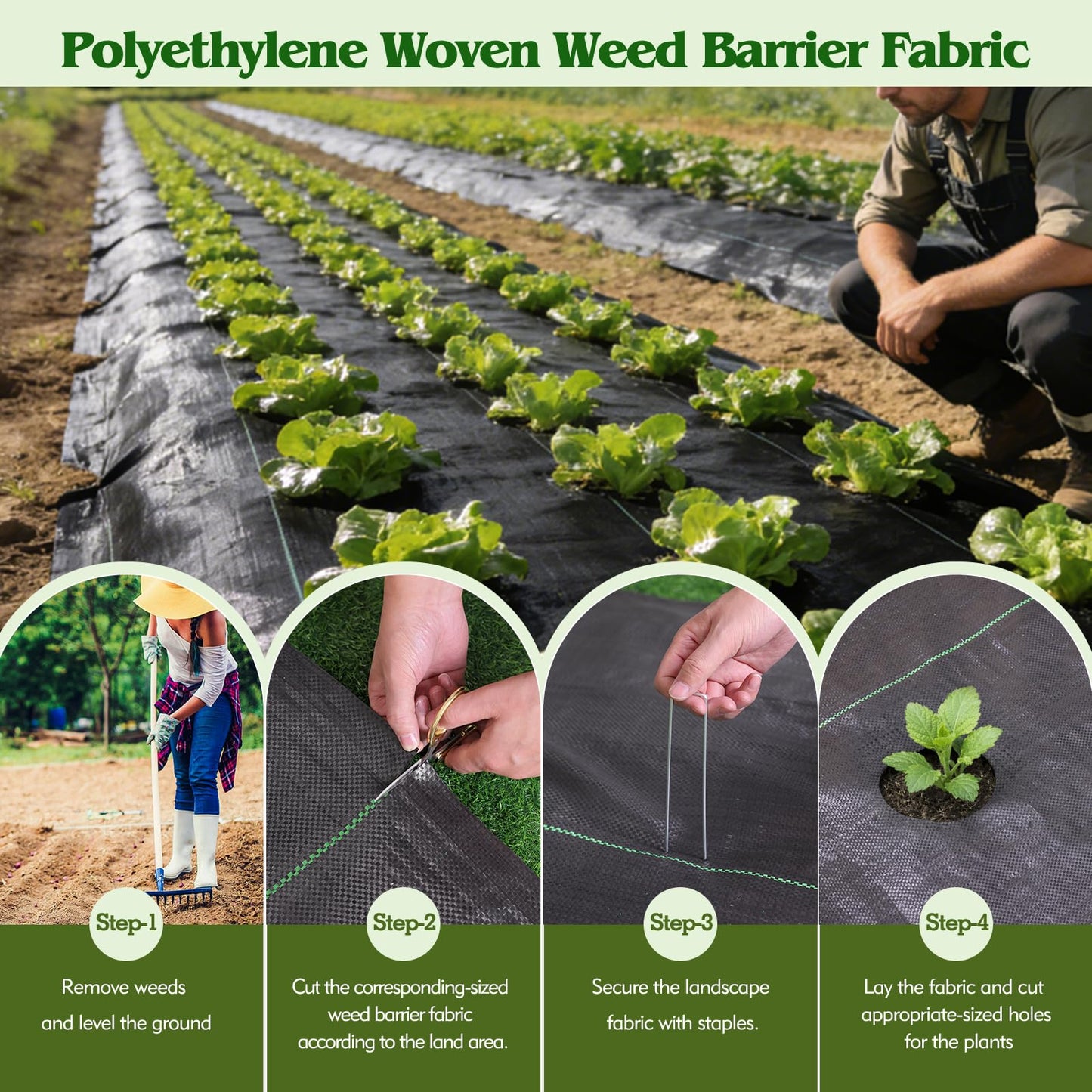 HongWay 2.6FT x 300FT Weed Barrier Fabric, Garden Cloth Woven Landscape Fabric Heavy Duty with 120 U-Shaped Securing Pegs, Lawn Weed Block Mat Ground Cover for Garden Beds, Farming